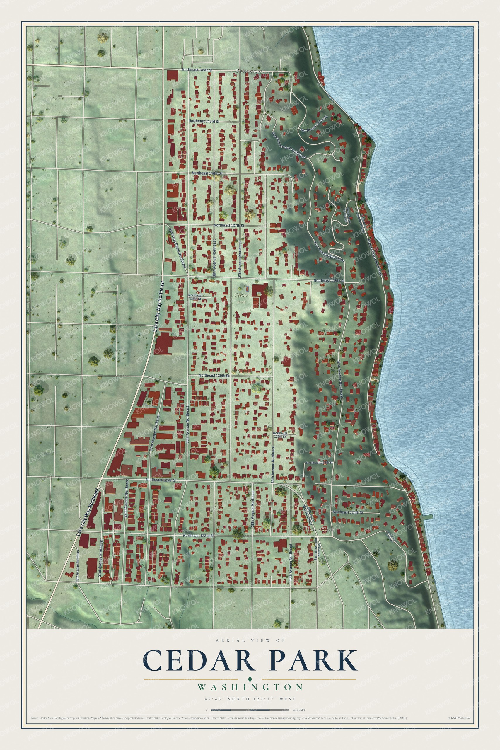 Full map of Cedar Park, Washington, with red buildings, printed street names and the land around them