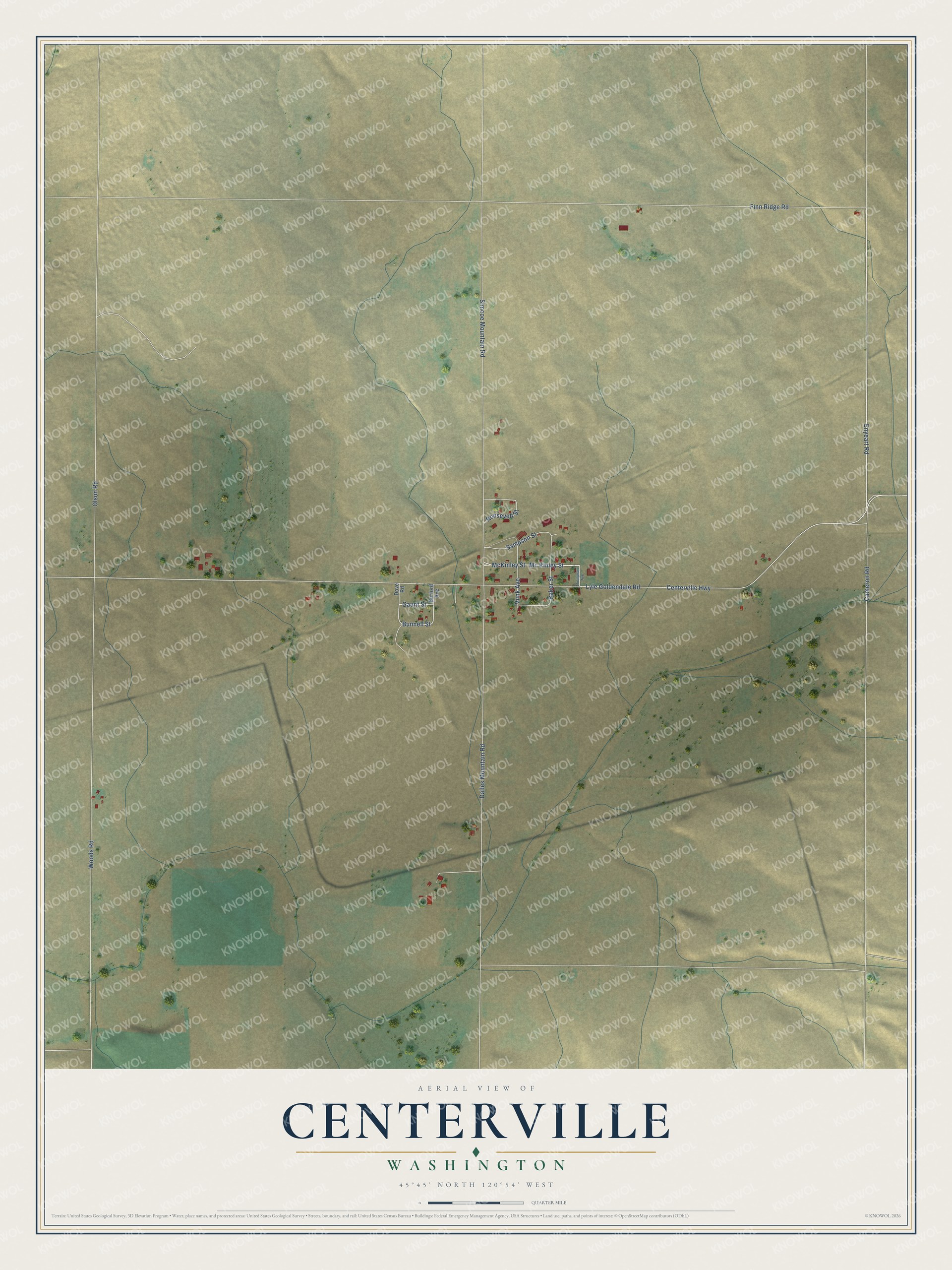 Full map of Centerville, Washington, with red buildings, printed street names and the land around them