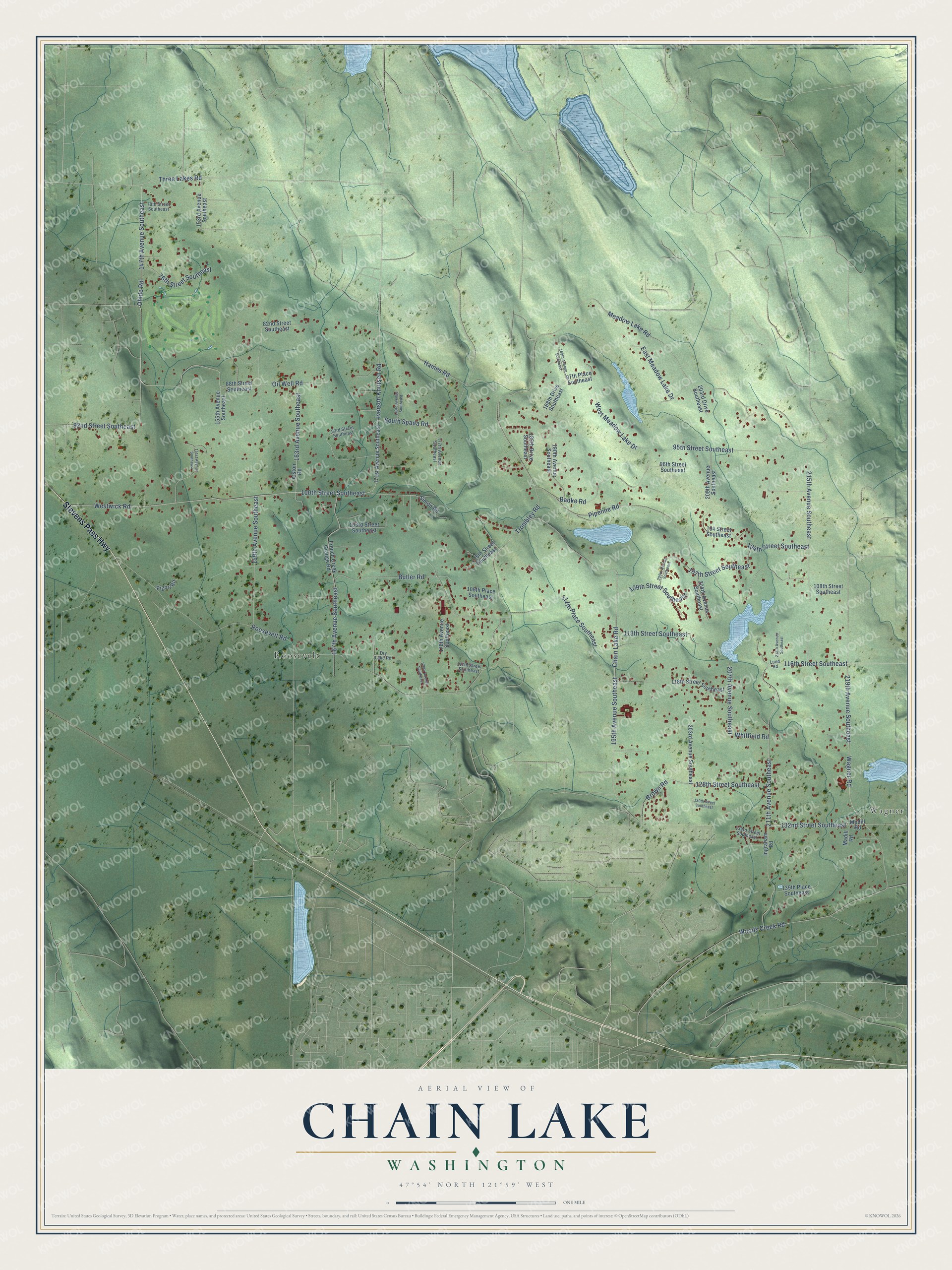 Full map of Chain Lake, Washington, with red buildings, printed street names and the land around them