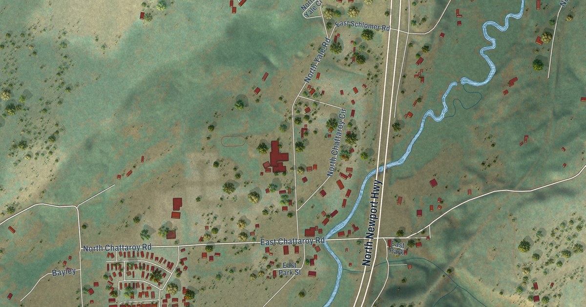 Close-up of streets and buildings in Chattaroy, Washington