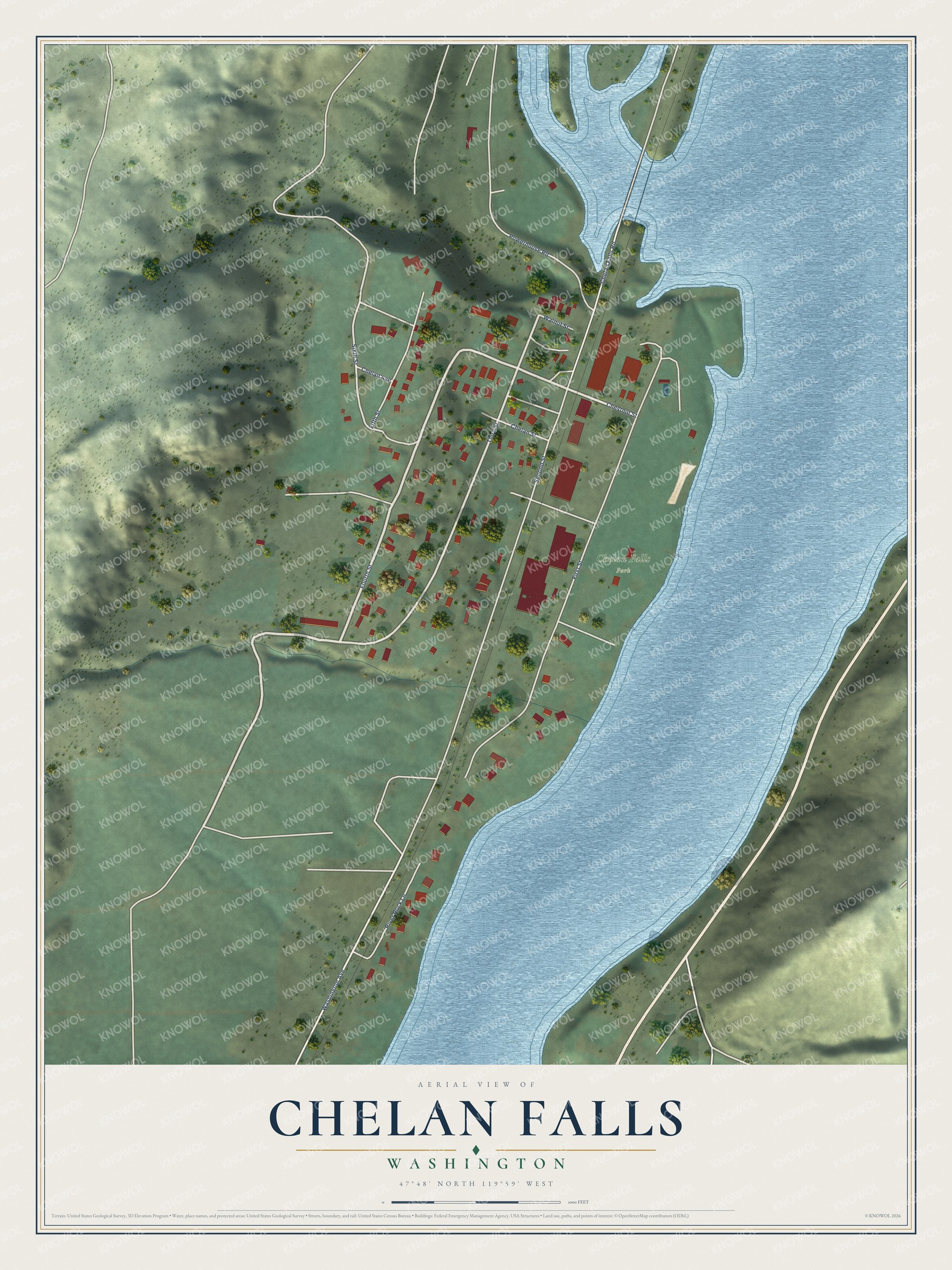 Full map of Chelan Falls, Washington, with red buildings, printed street names and the land around them