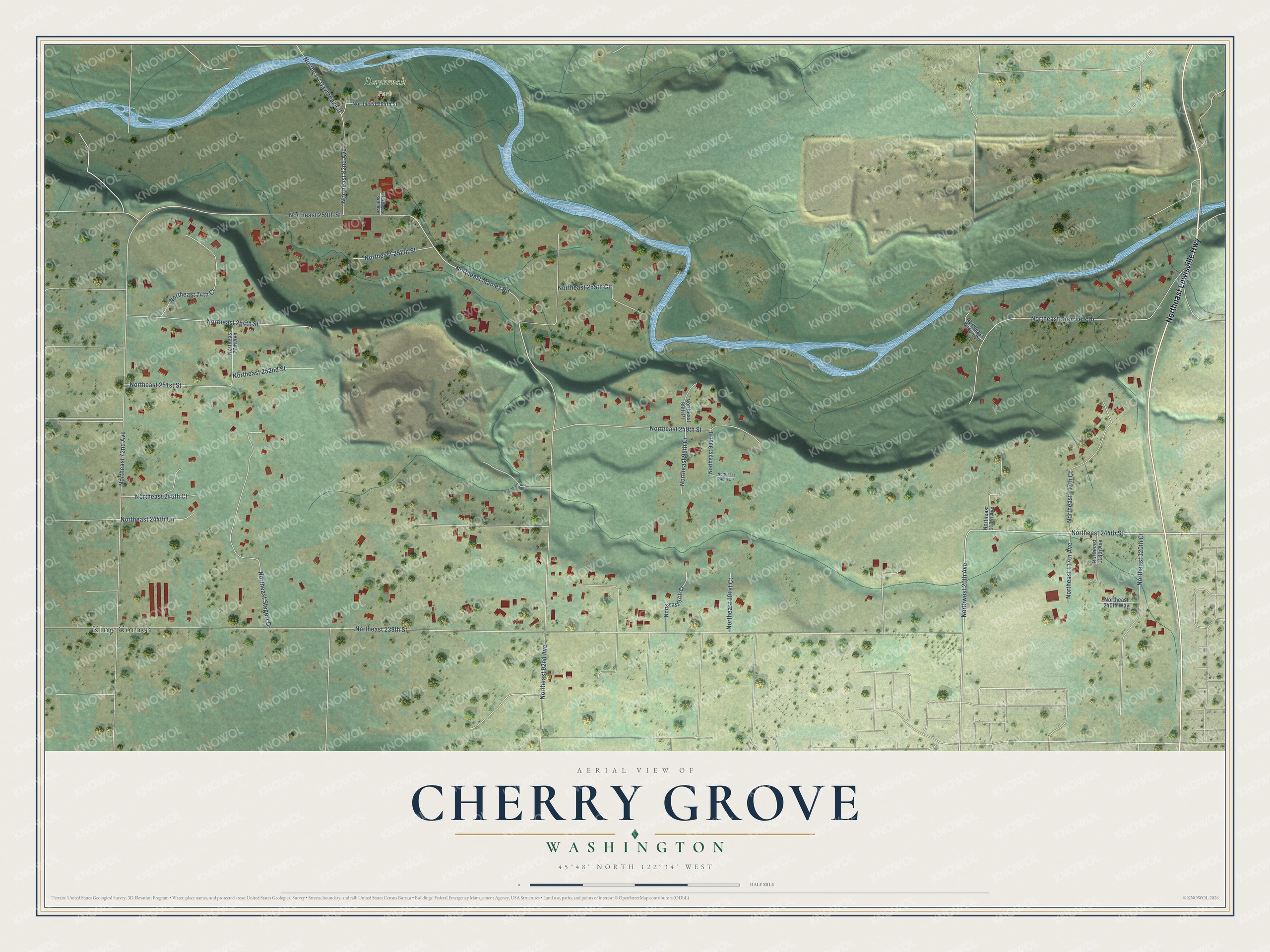 Full map of Cherry Grove, Washington, with red buildings, printed street names and the land around them