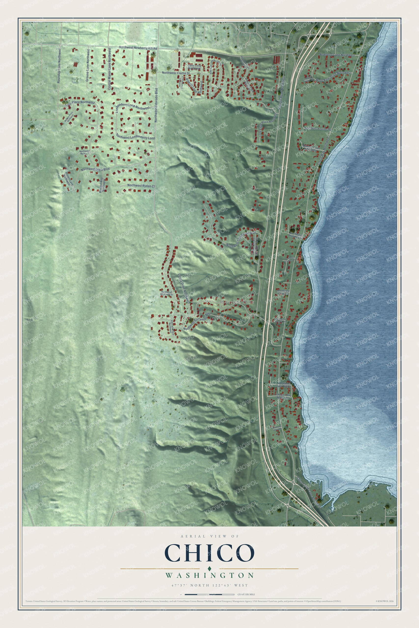 Full map of Chico, Washington, with red buildings, printed street names and the land around them