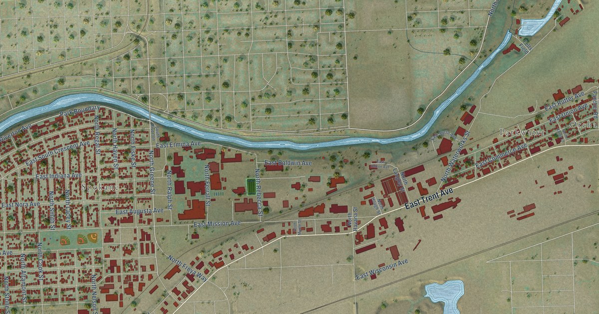 Close-up of streets and buildings in Chief Garry Park, Washington