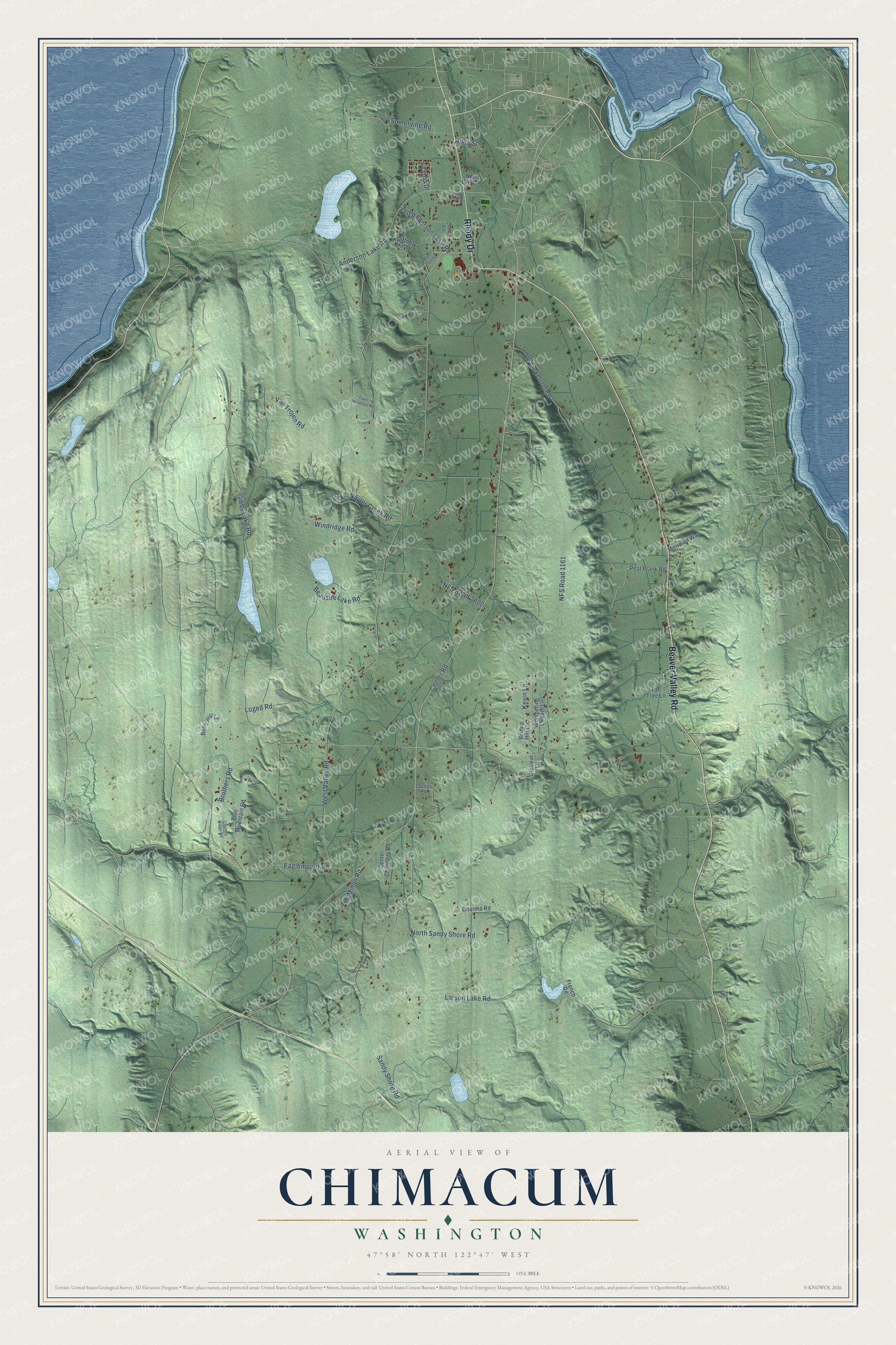 Full map of Chimacum, Washington, with red buildings, printed street names and the land around them