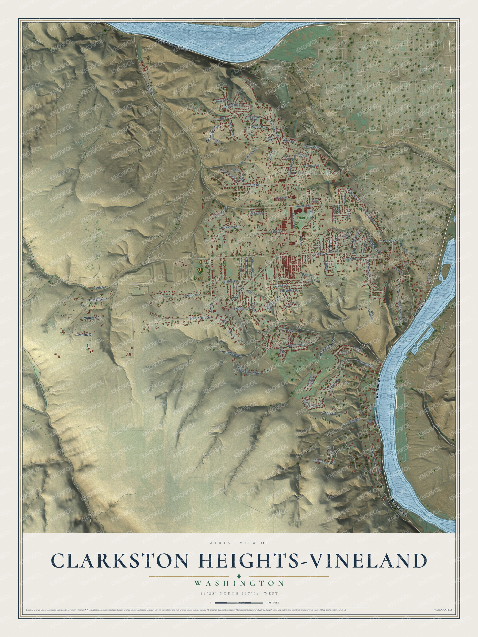Full map of Clarkston Heights-Vineland, Washington, with red buildings, printed street names and the land around them