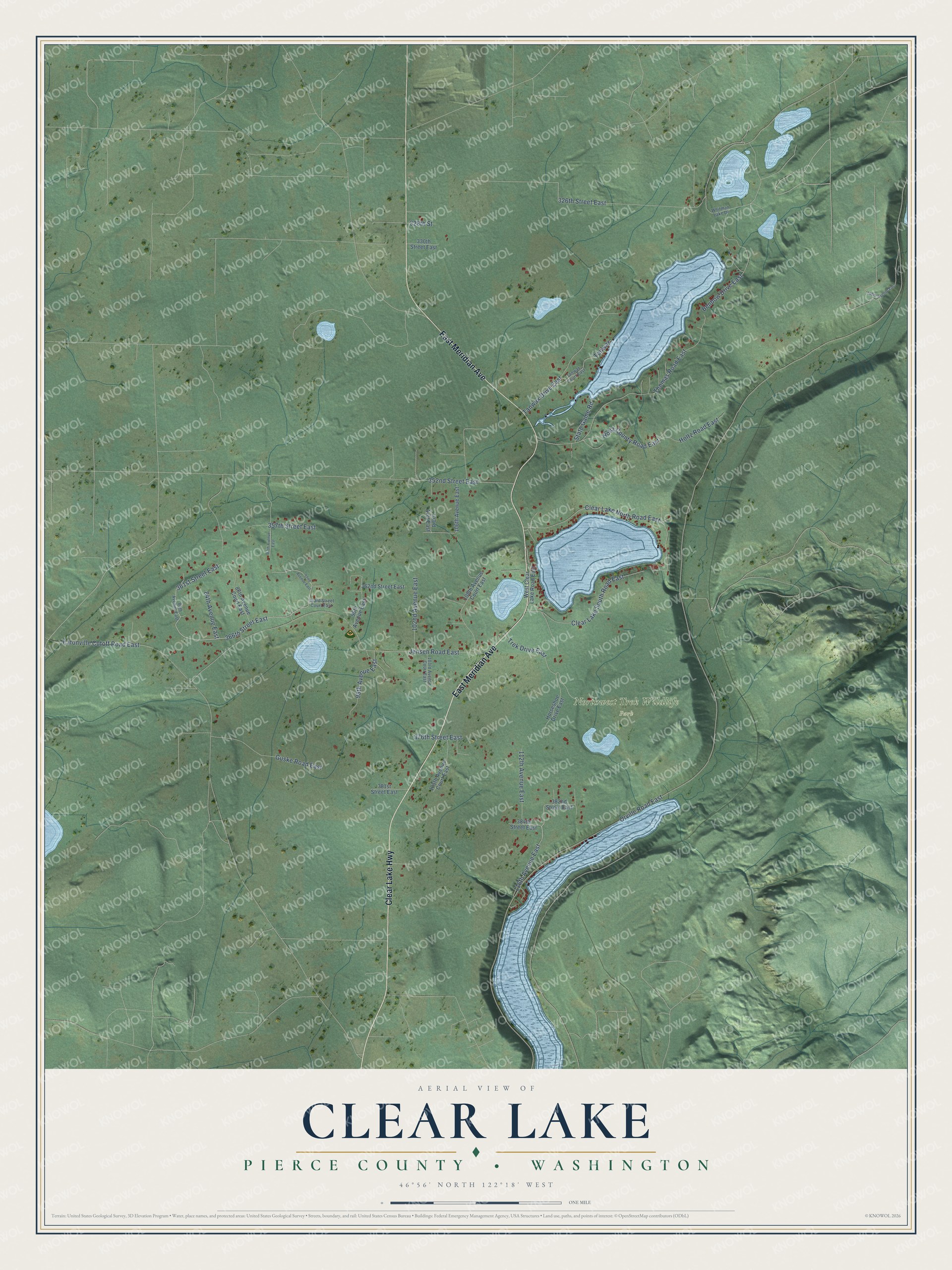 Full map of Clear Lake, Washington, with red buildings, printed street names and the land around them