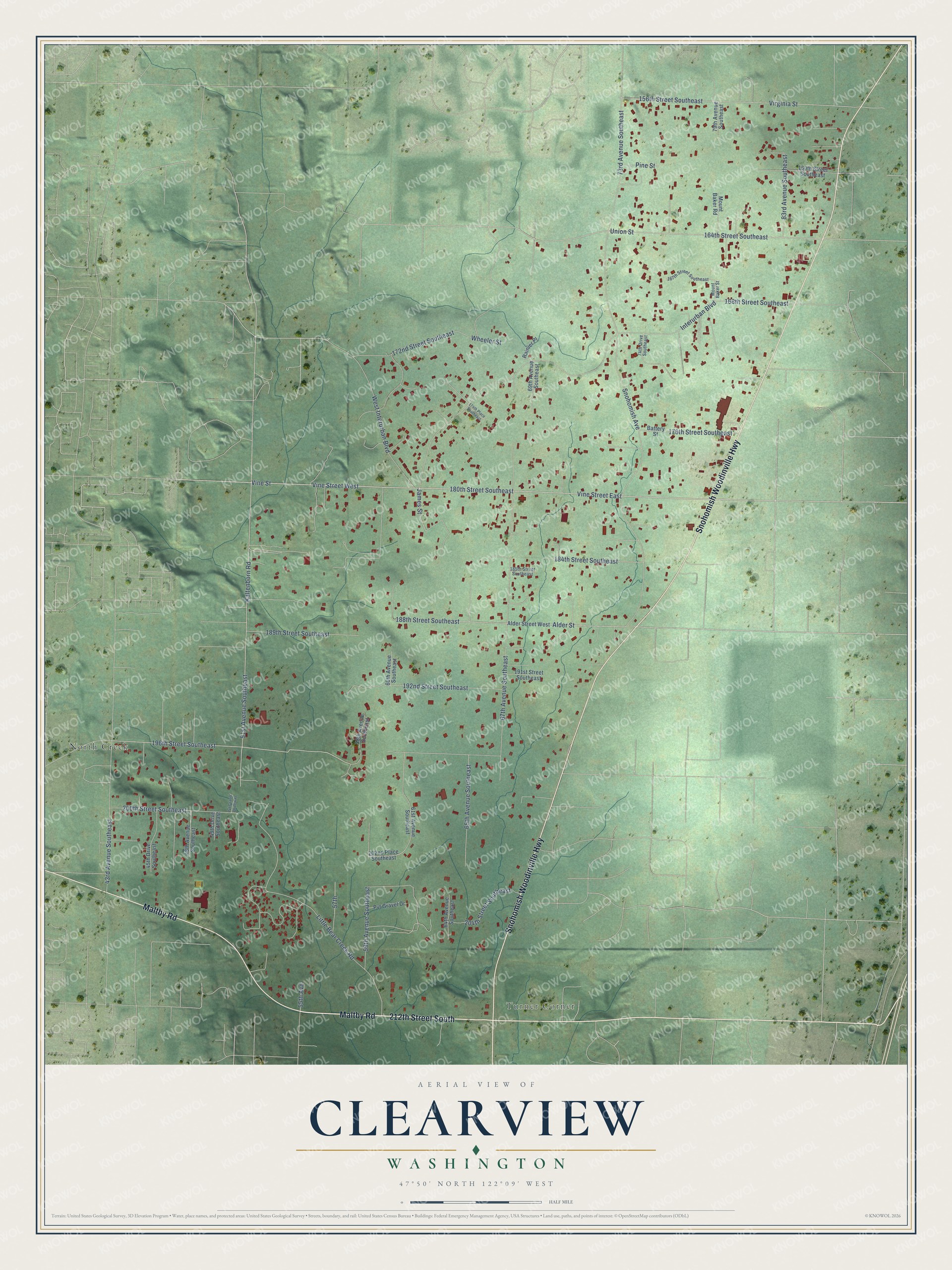 Full map of Clearview, Washington, with red buildings, printed street names and the land around them