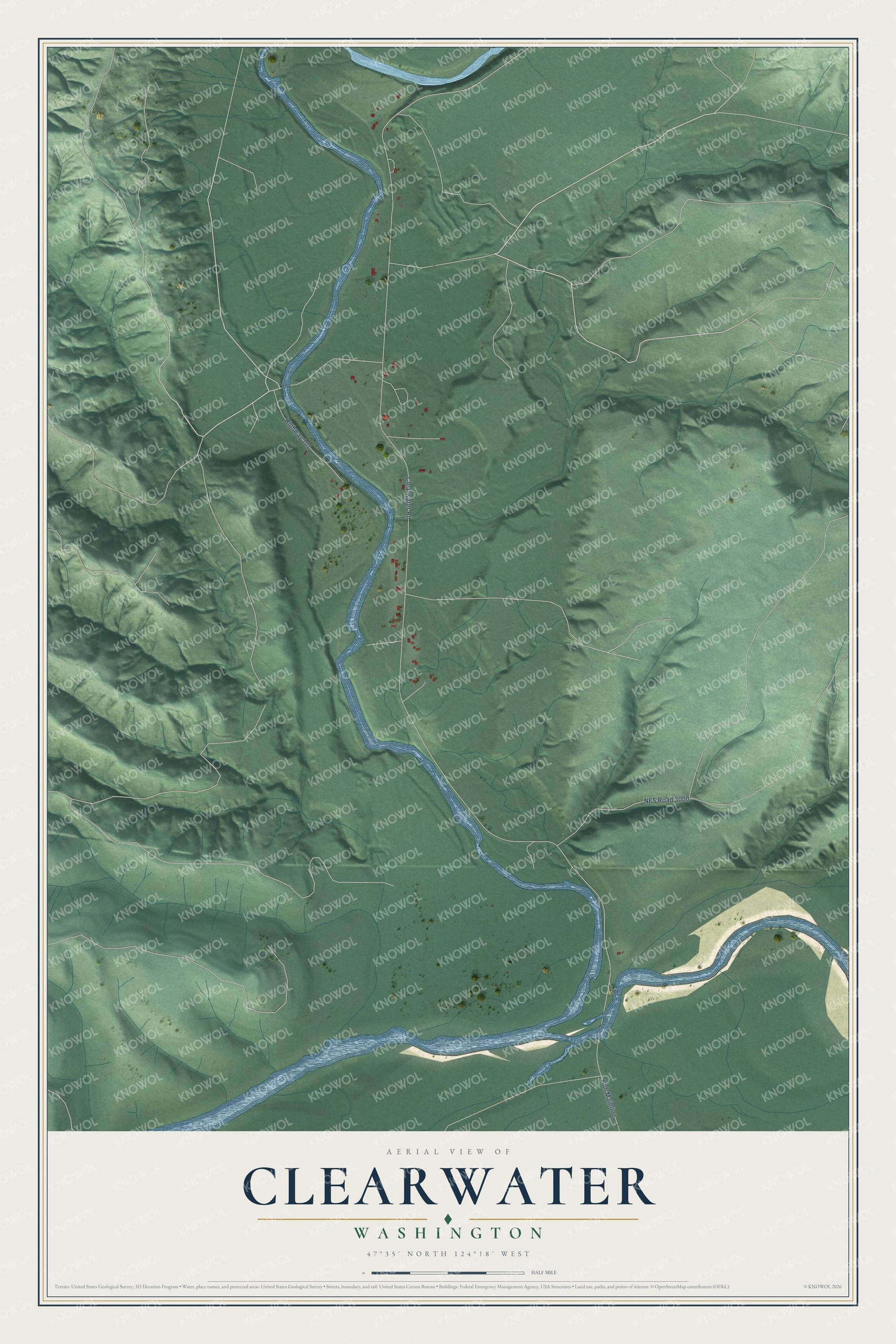 Full map of Clearwater, Washington, with red buildings, printed street names and the land around them