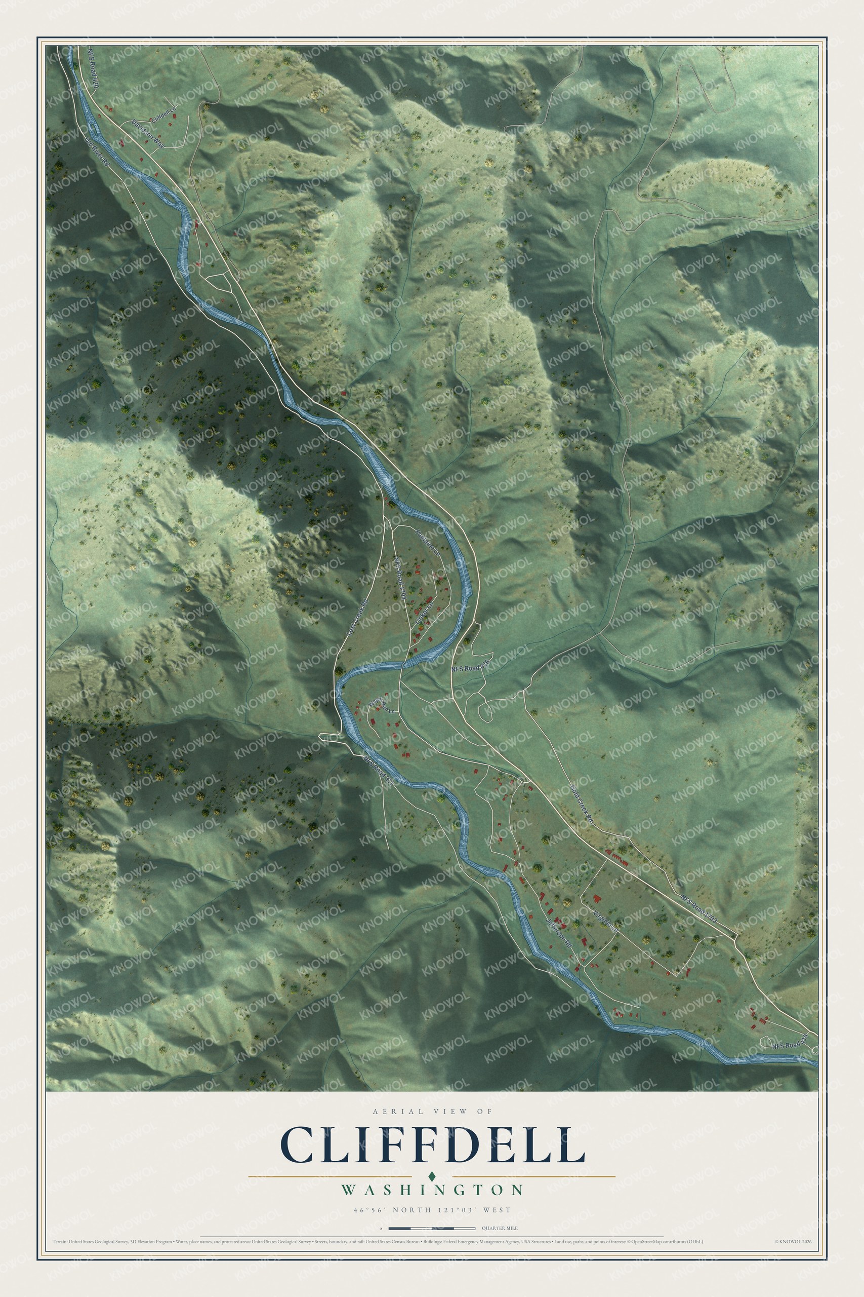 Full map of Cliffdell, Washington, with red buildings, printed street names and the land around them