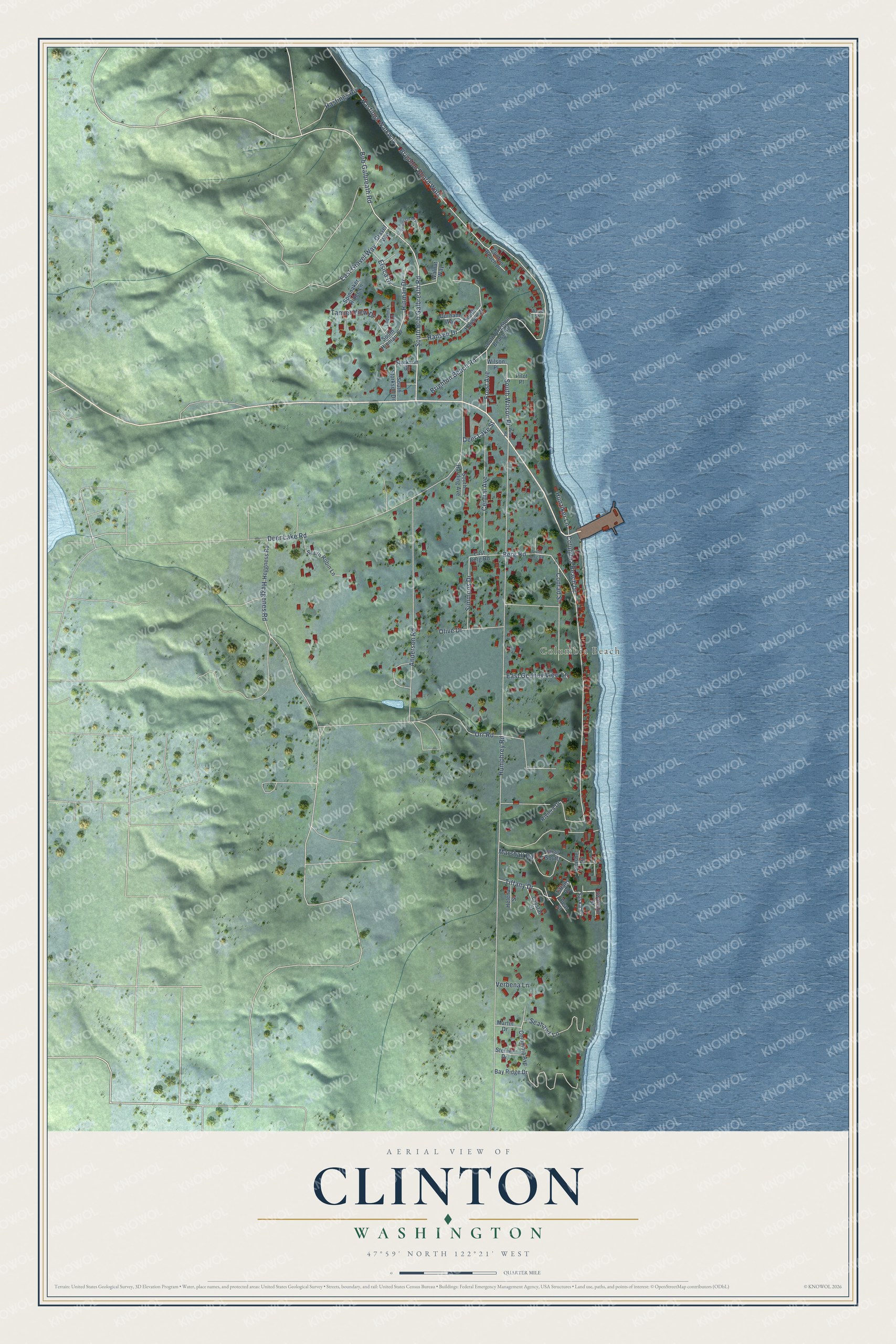 Full map of Clinton, Washington, with red buildings, printed street names and the land around them