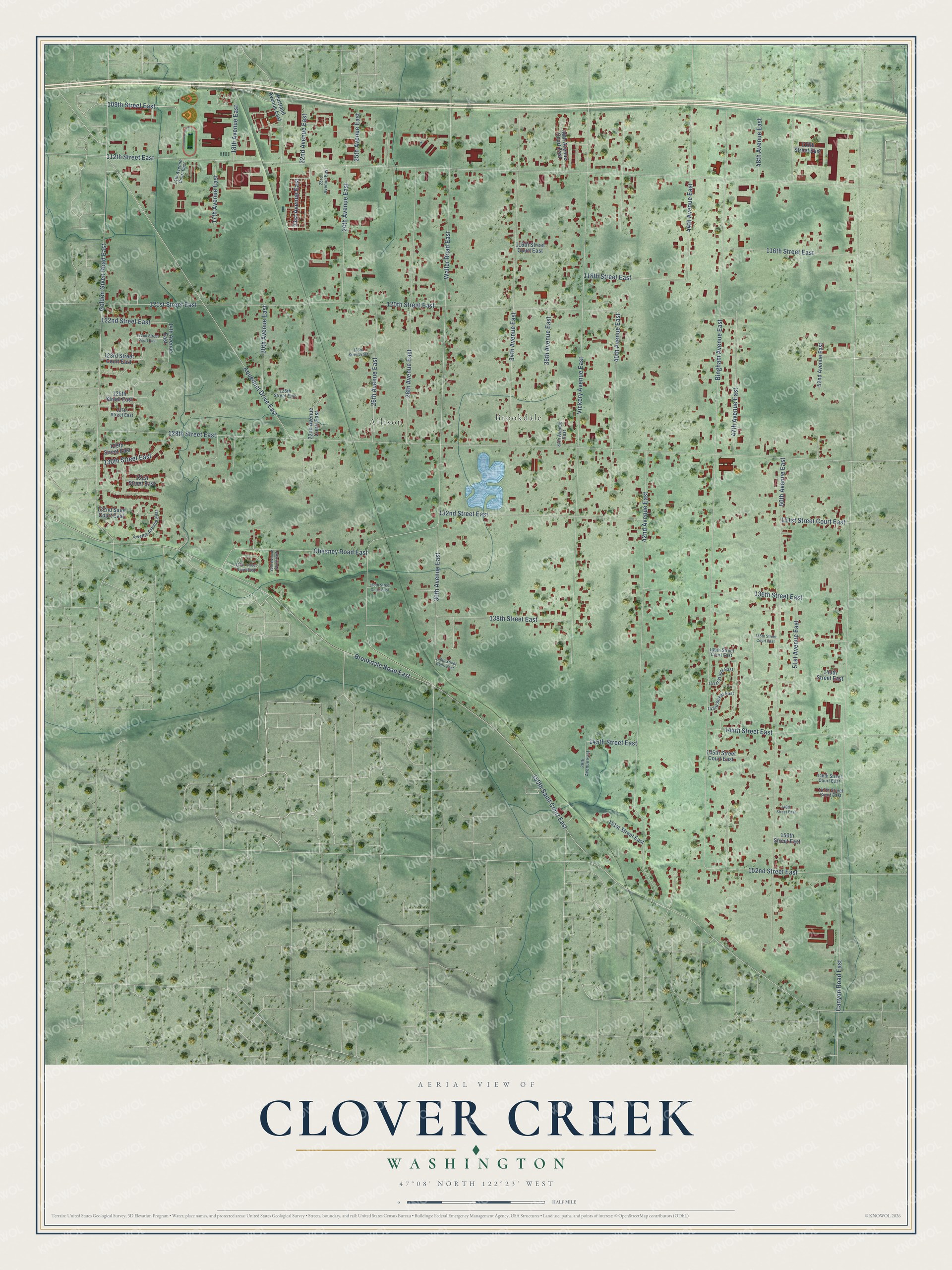 Full map of Clover Creek, Washington, with red buildings, printed street names and the land around them
