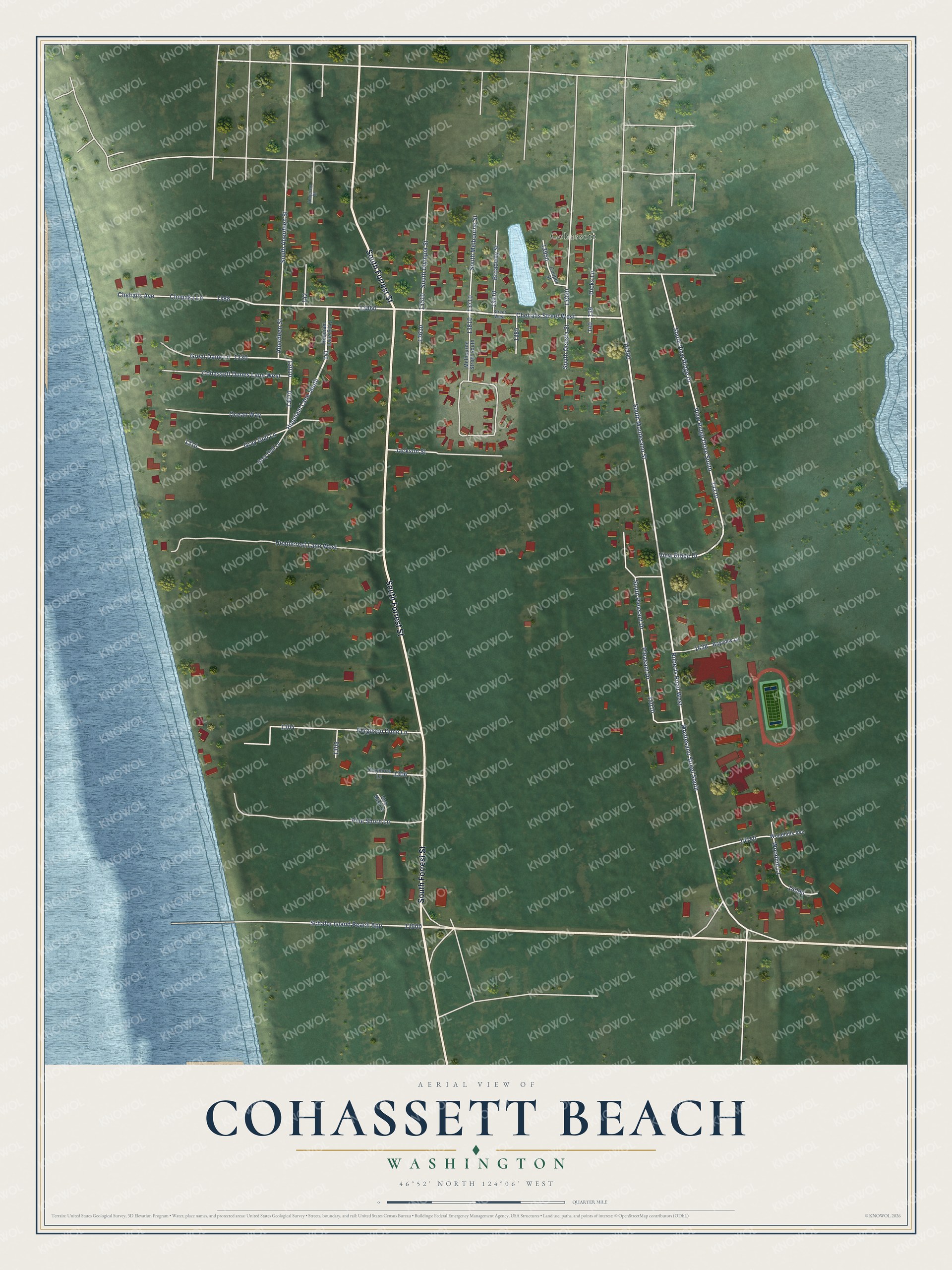 Full map of Cohassett Beach, Washington, with red buildings, printed street names and the land around them