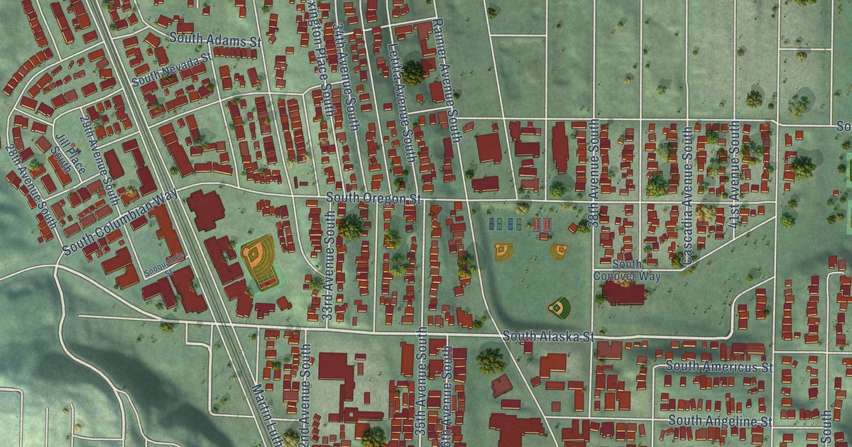 Close-up of streets and buildings in Columbia City, Washington