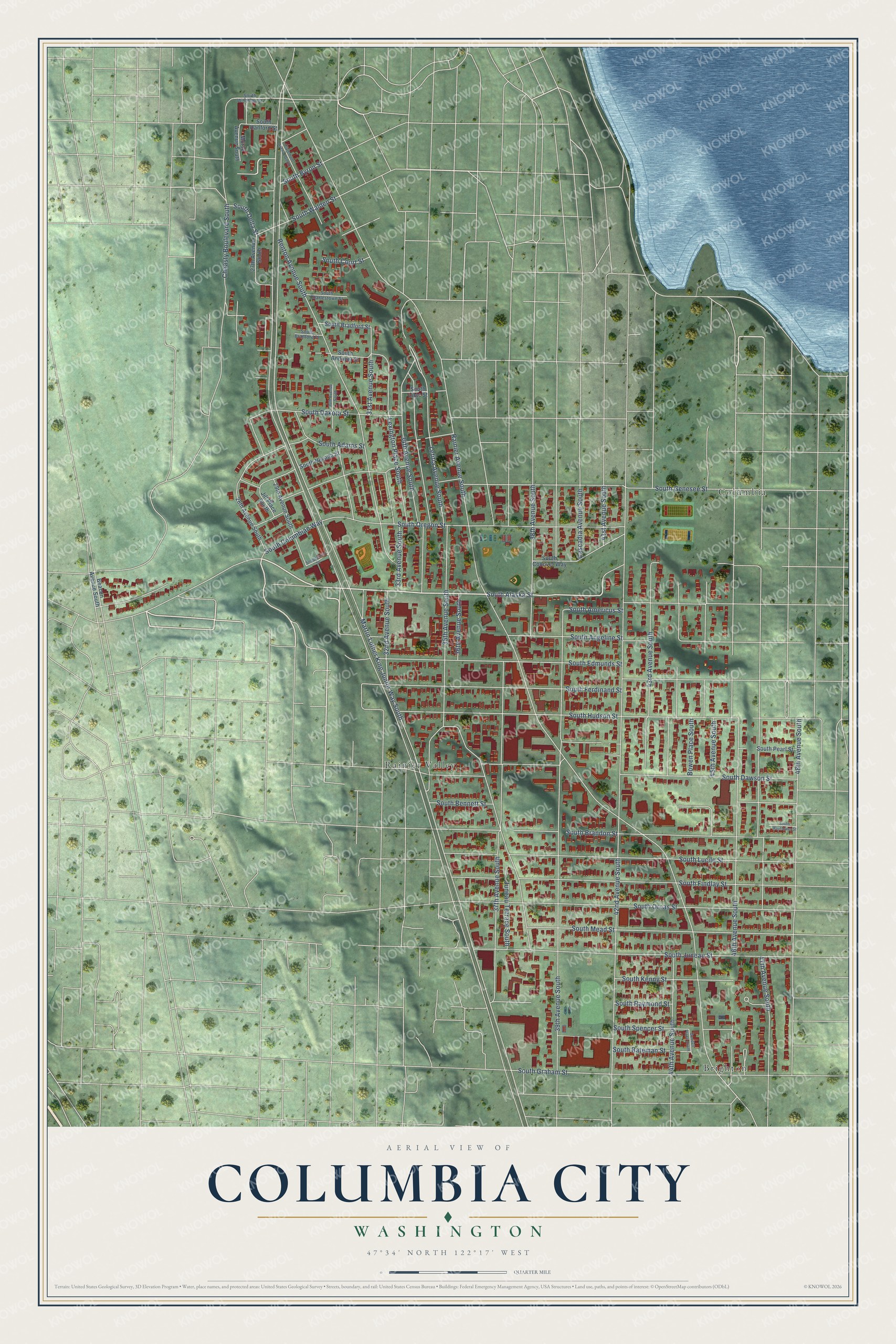 Full map of Columbia City, Washington, with red buildings, printed street names and the land around them