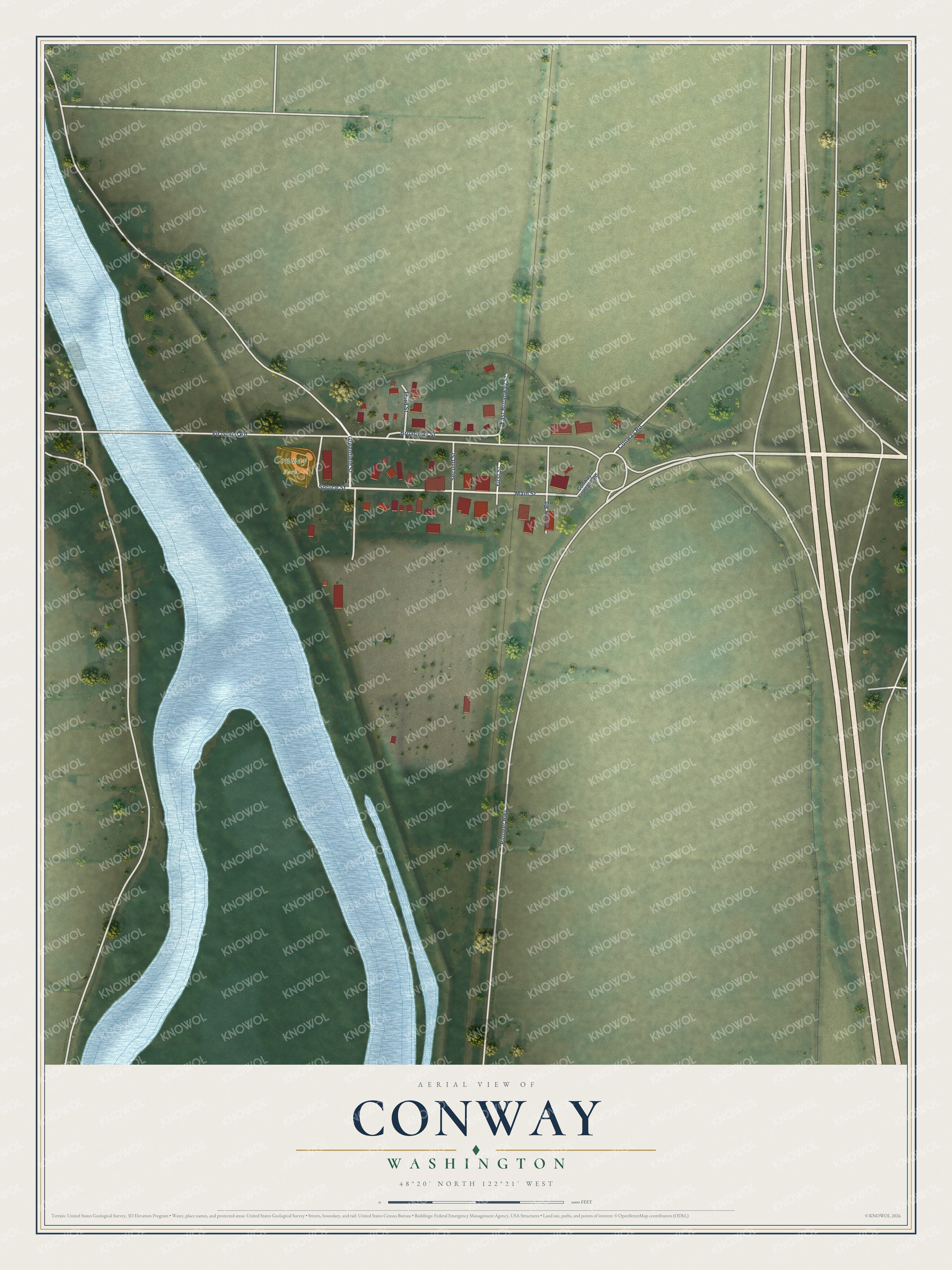 Full map of Conway, Washington, with red buildings, printed street names and the land around them