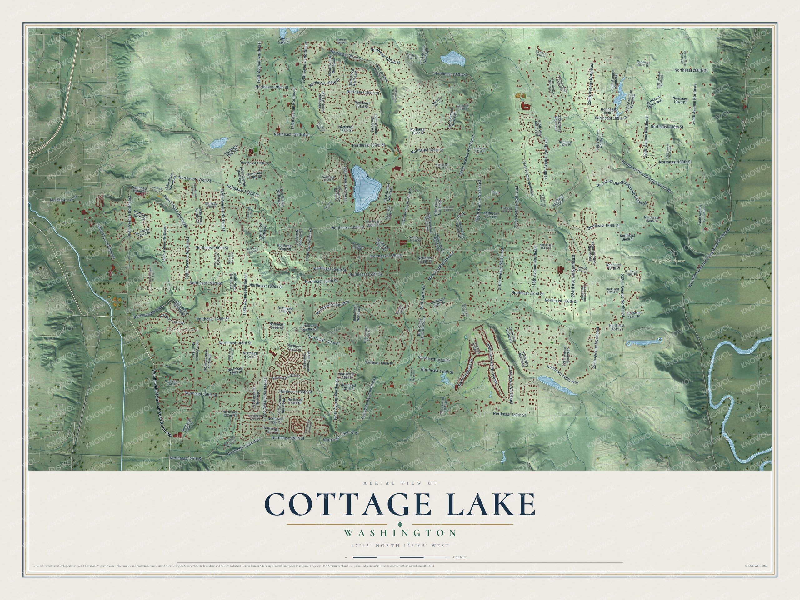 Full map of Cottage Lake, Washington, with red buildings, printed street names and the land around them