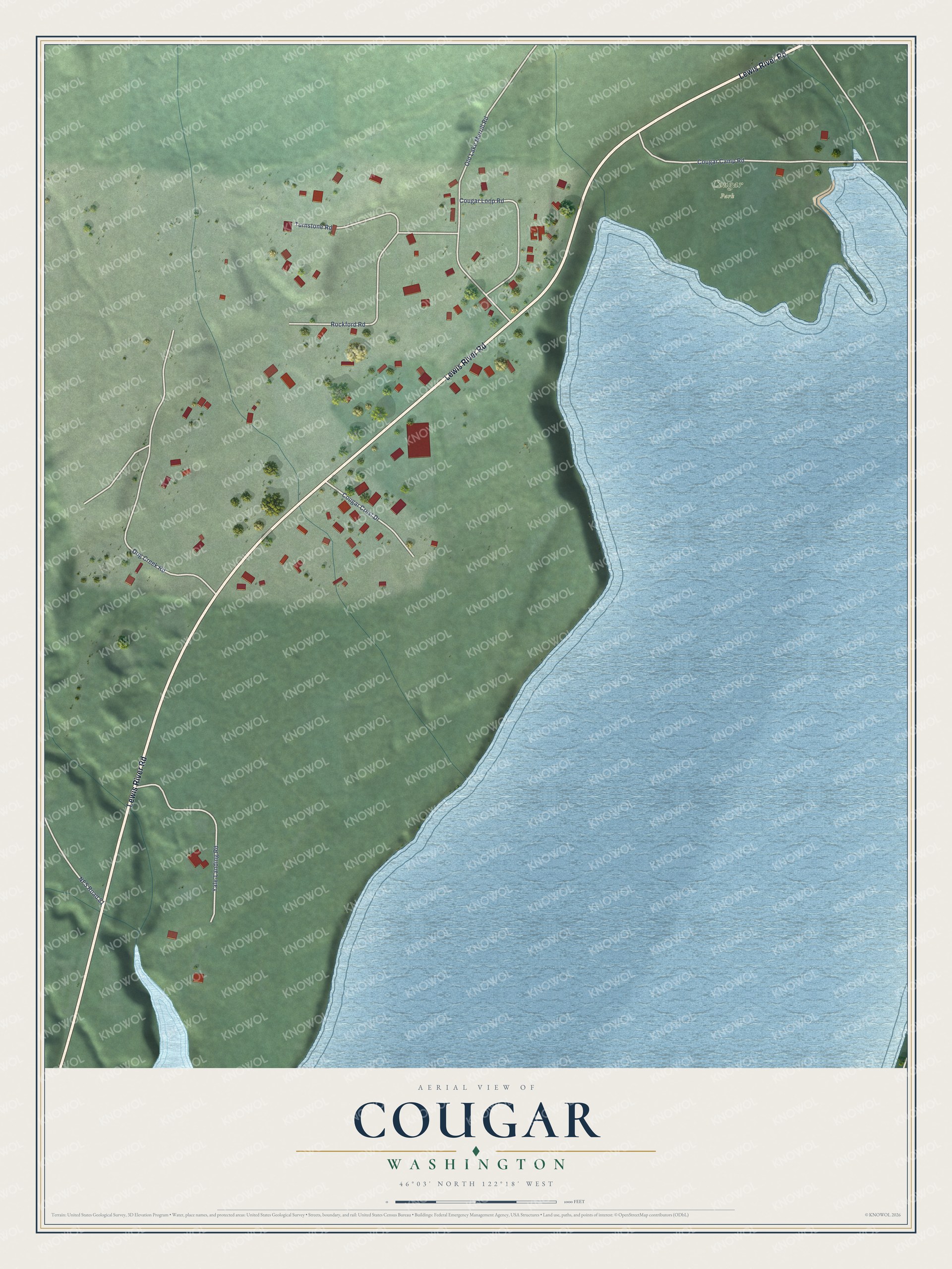 Full map of Cougar, Washington, with red buildings, printed street names and the land around them
