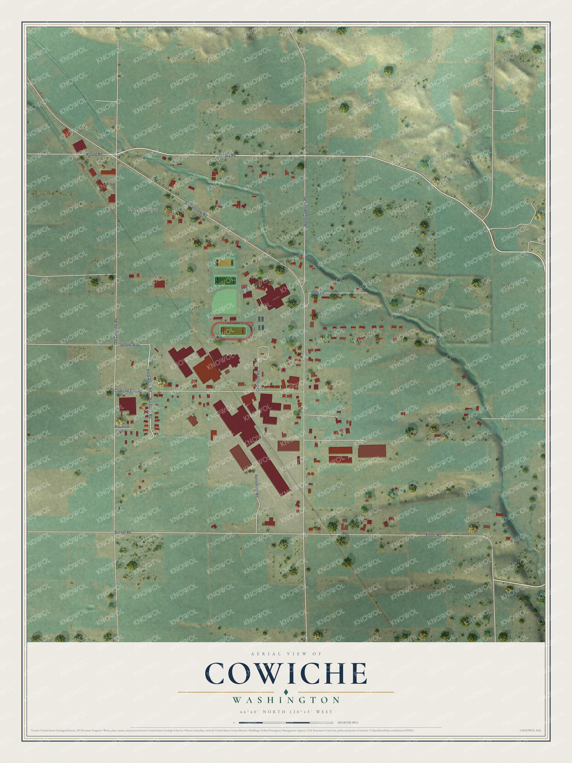 Full map of Cowiche, Washington, with red buildings, printed street names and the land around them