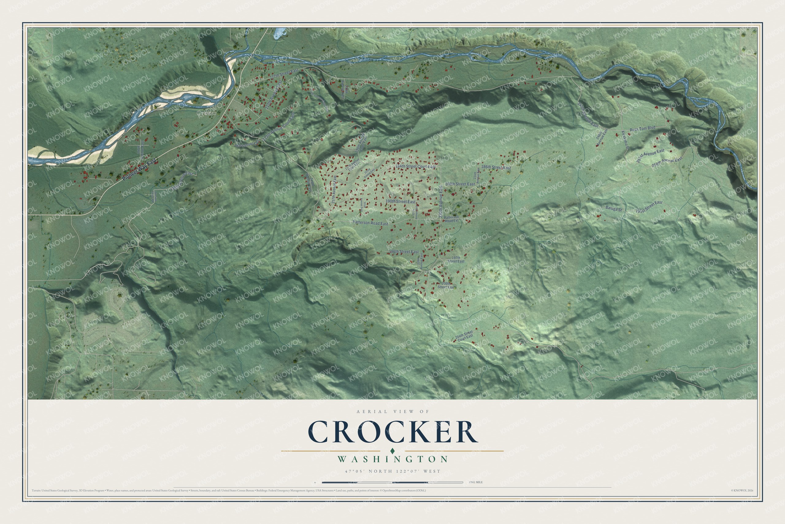 Full map of Crocker, Washington, with red buildings, printed street names and the land around them