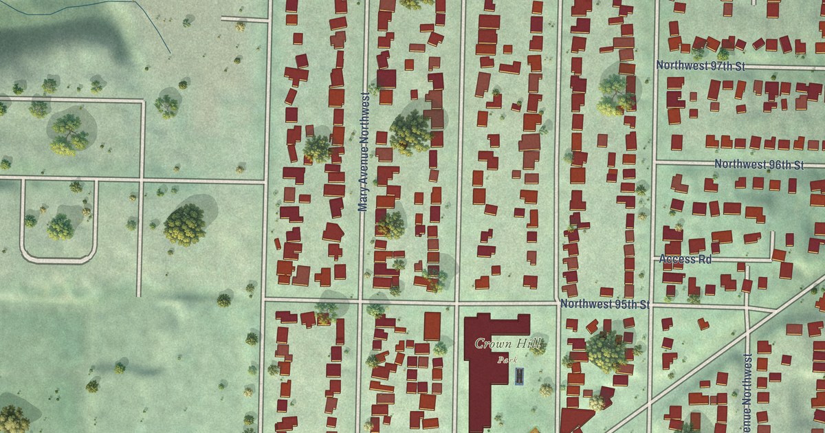 Close-up of streets and buildings in Crown Hill, Washington