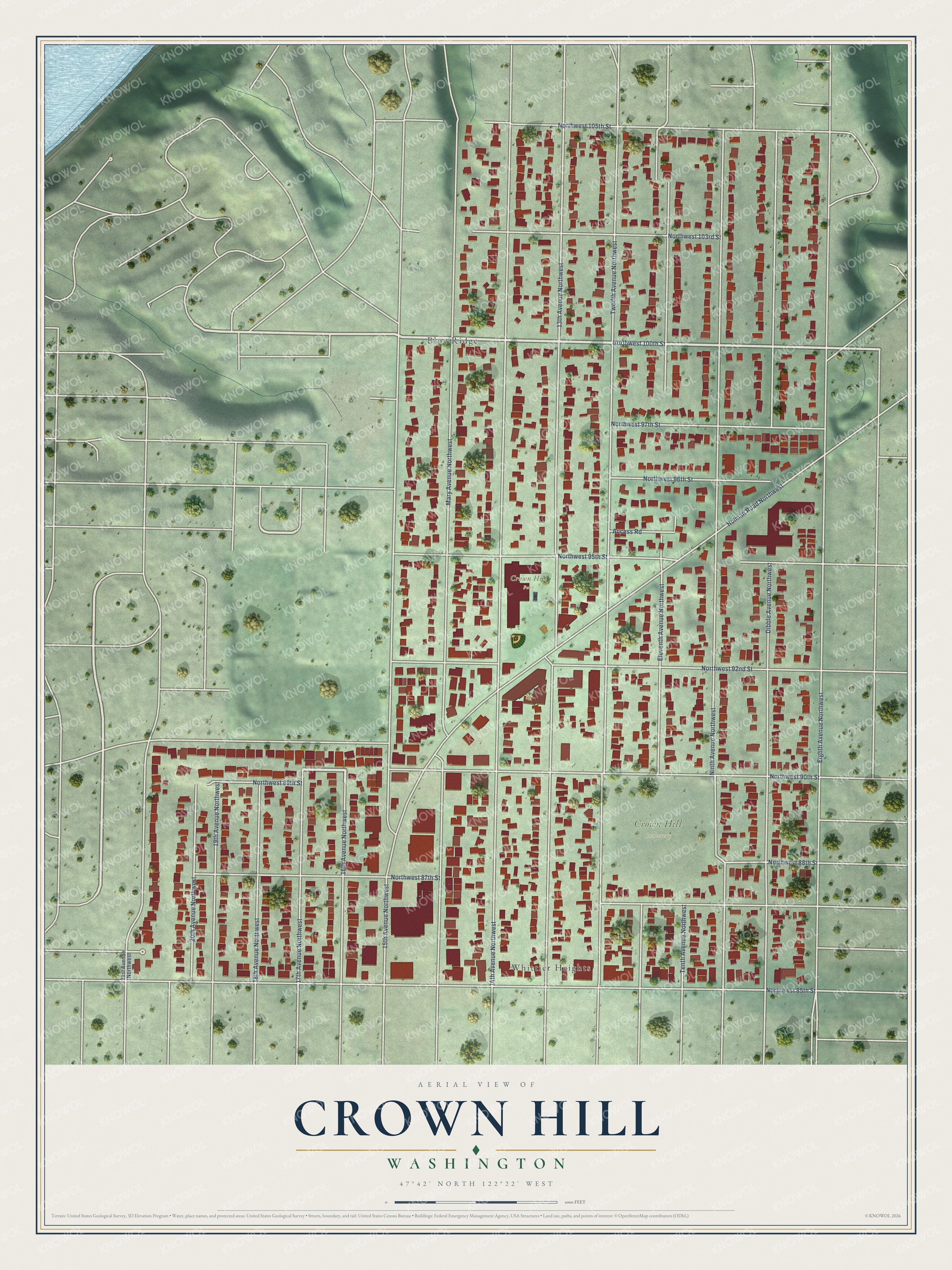 Full map of Crown Hill, Washington, with red buildings, printed street names and the land around them