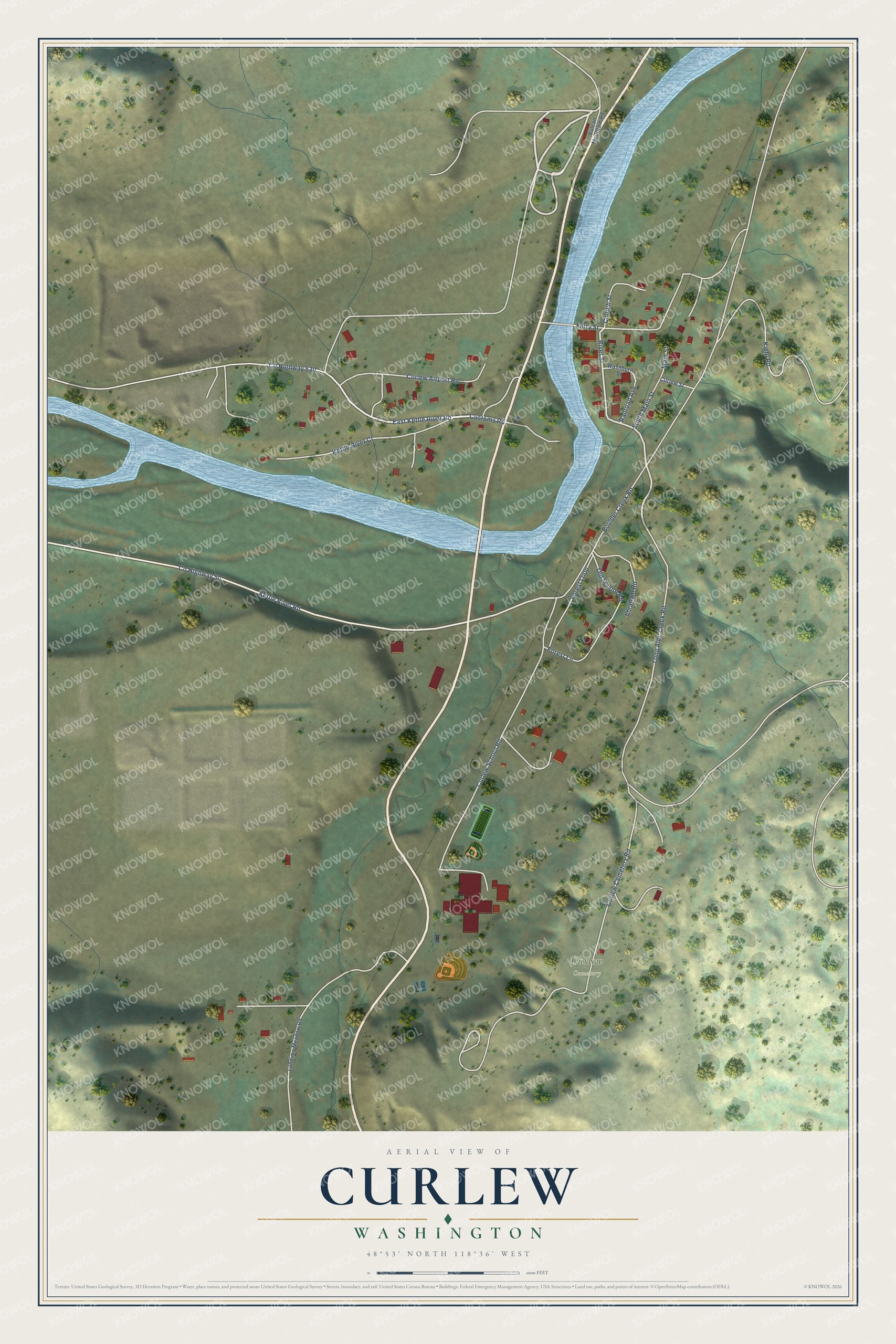 Full map of Curlew, Washington, with red buildings, printed street names and the land around them