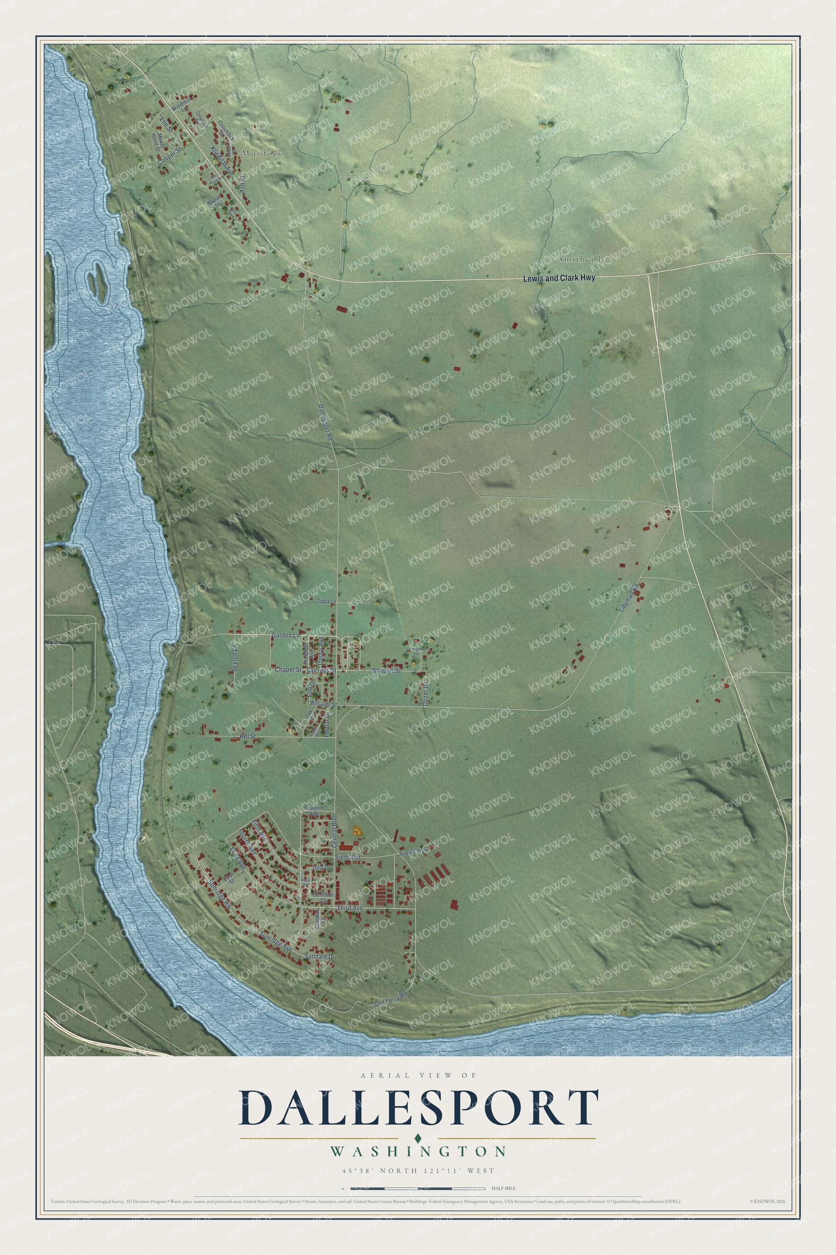 Full map of Dallesport, Washington, with red buildings, printed street names and the land around them