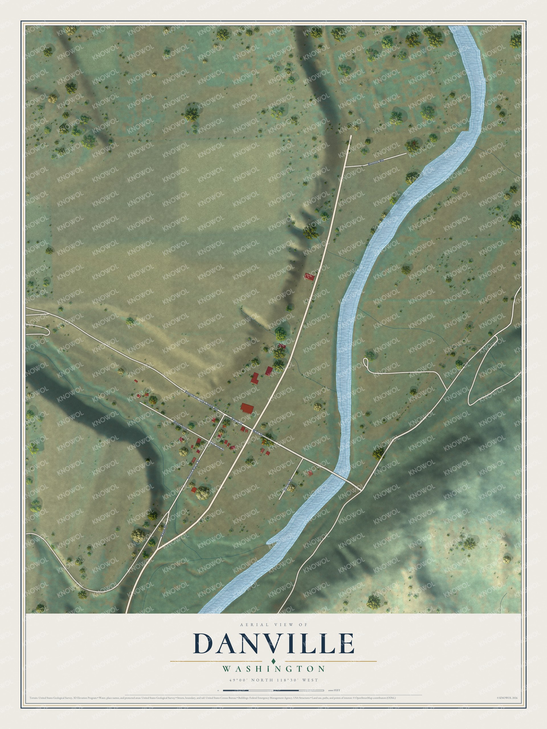 Full map of Danville, Washington, with red buildings, printed street names and the land around them