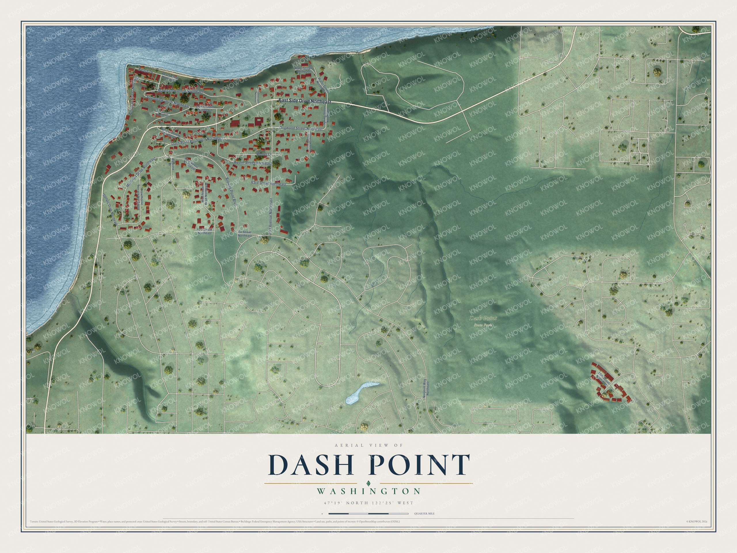 Full map of Dash Point, Washington, with red buildings, printed street names and the land around them