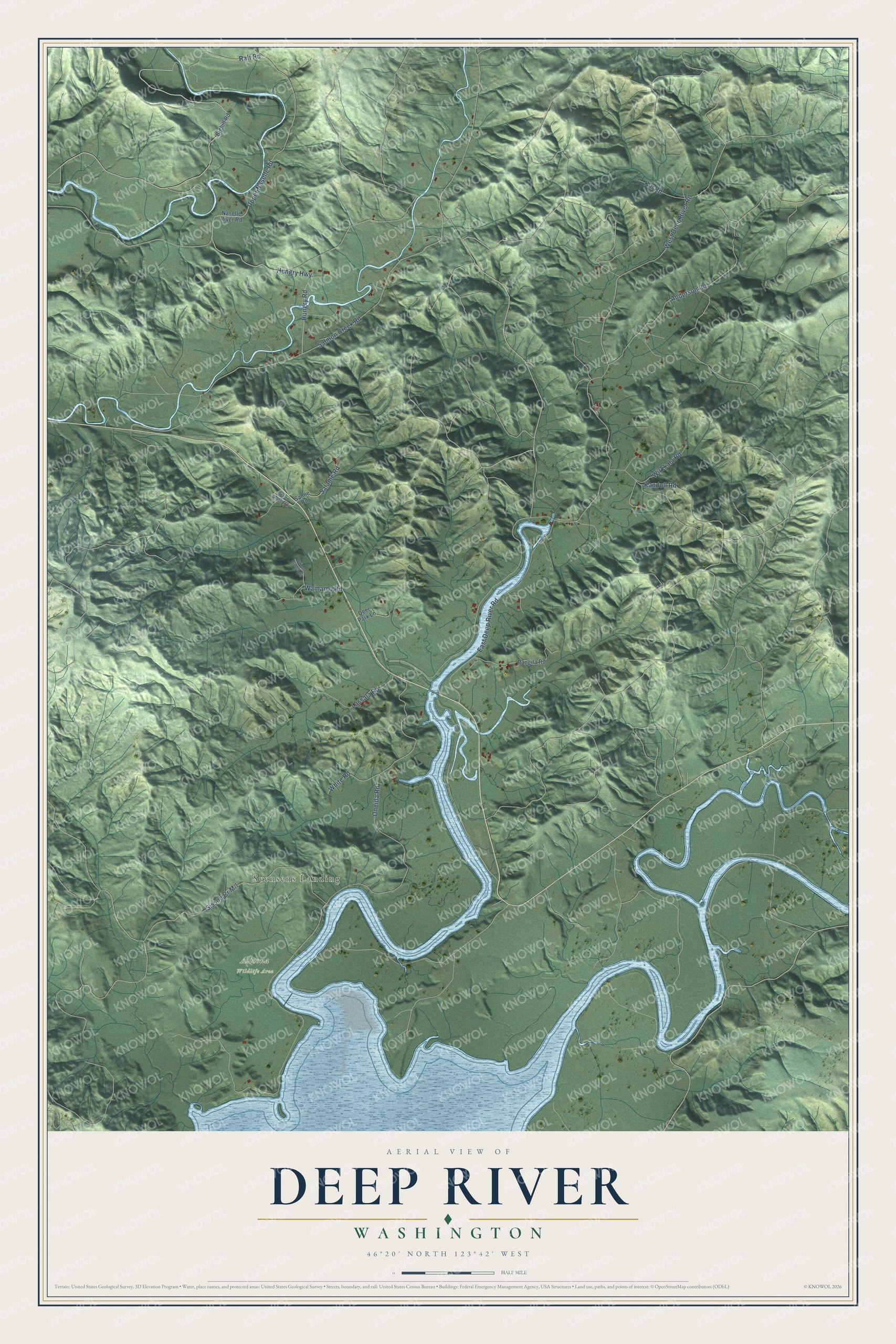 Full map of Deep River, Washington, with red buildings, printed street names and the land around them