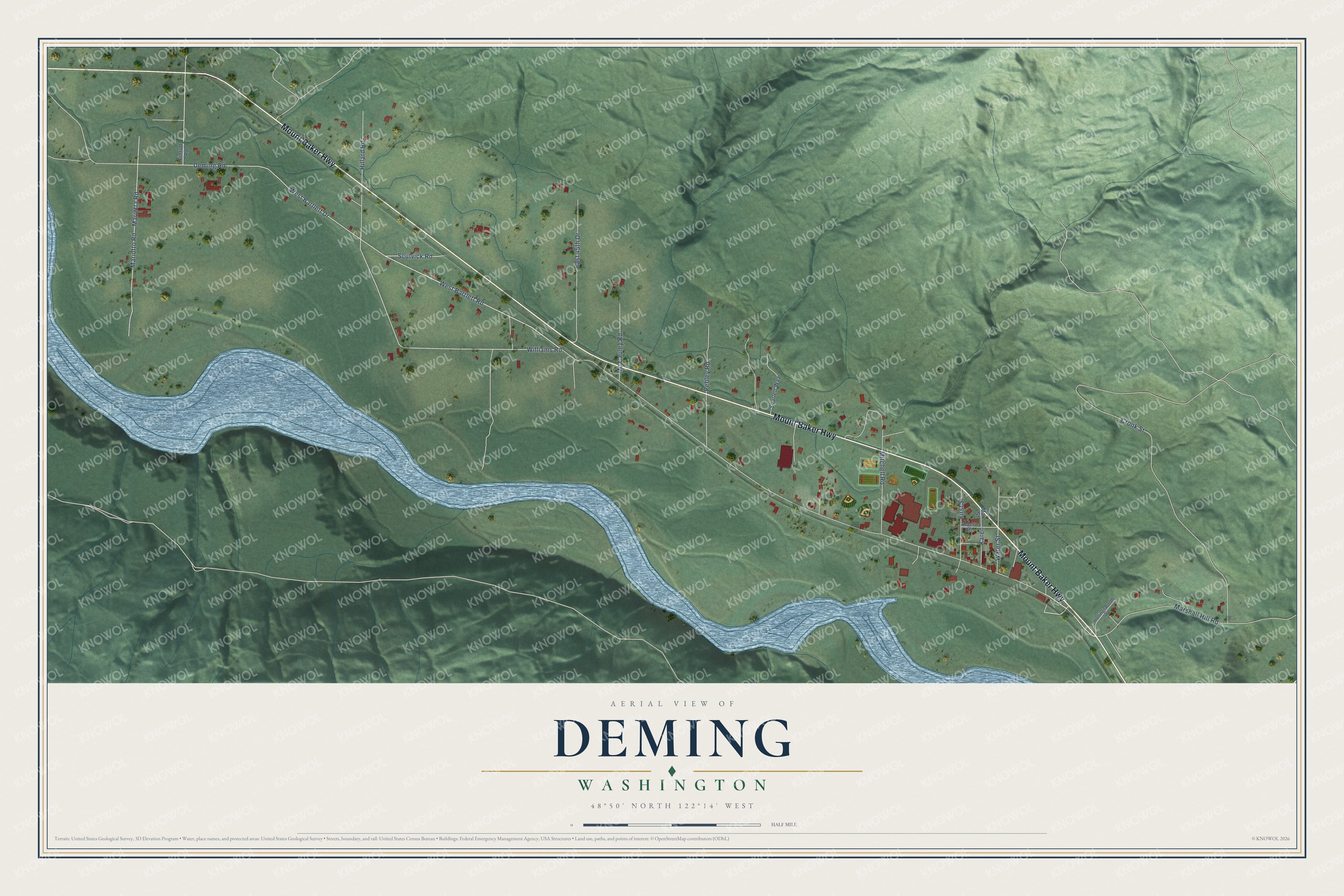 Full map of Deming, Washington, with red buildings, printed street names and the land around them