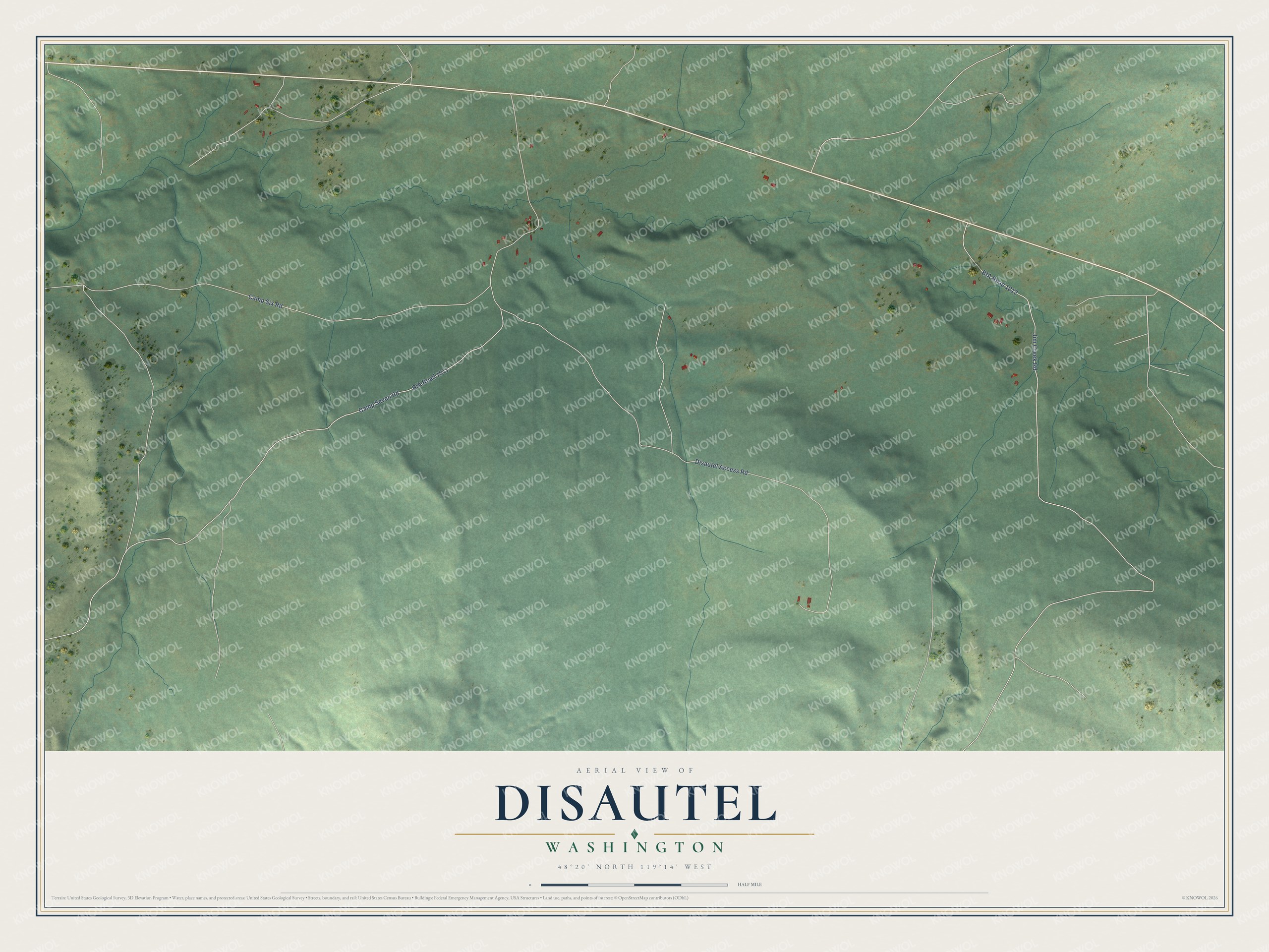 Full map of Disautel, Washington, with red buildings, printed street names and the land around them