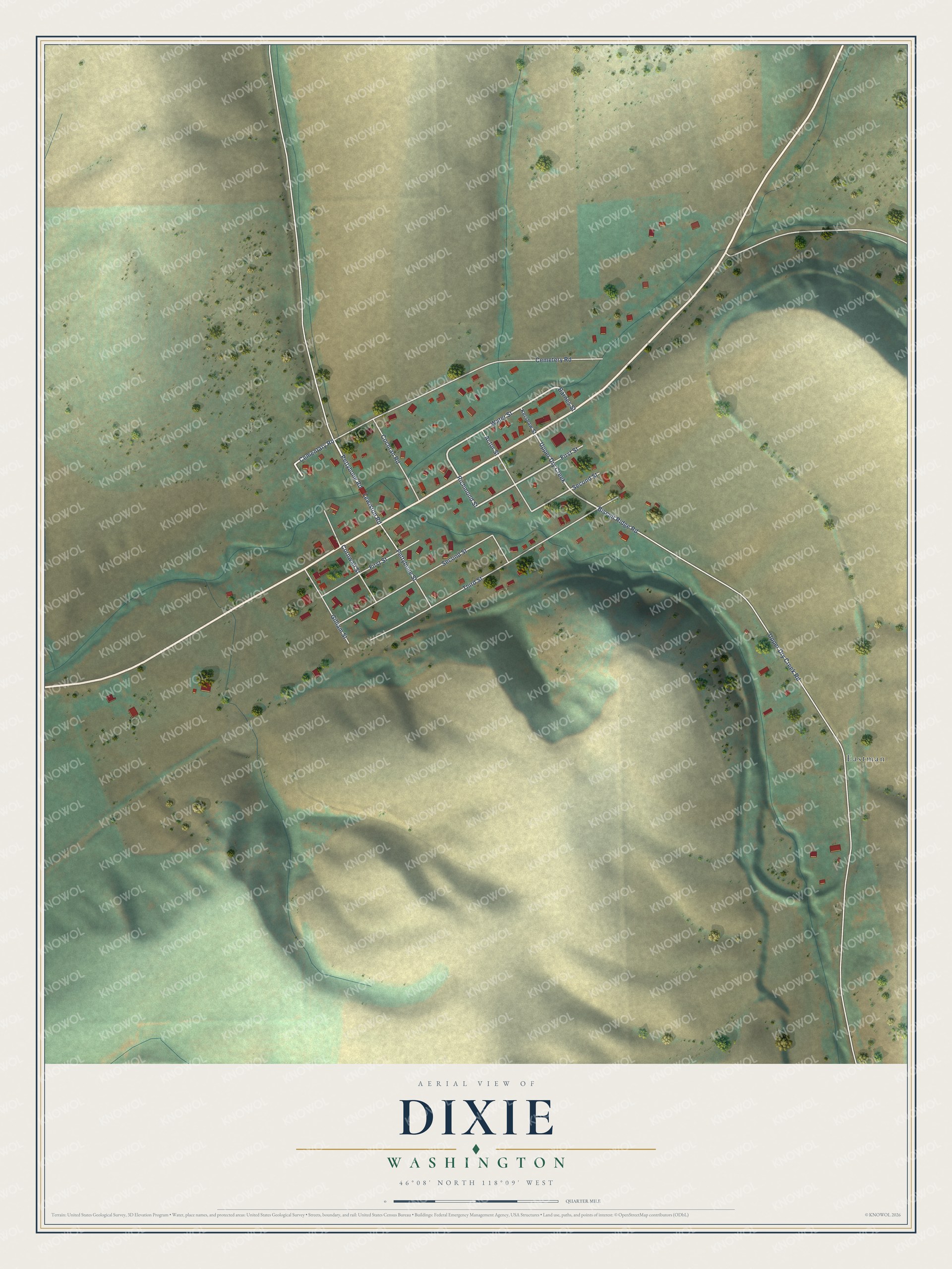 Full map of Dixie, Washington, with red buildings, printed street names and the land around them