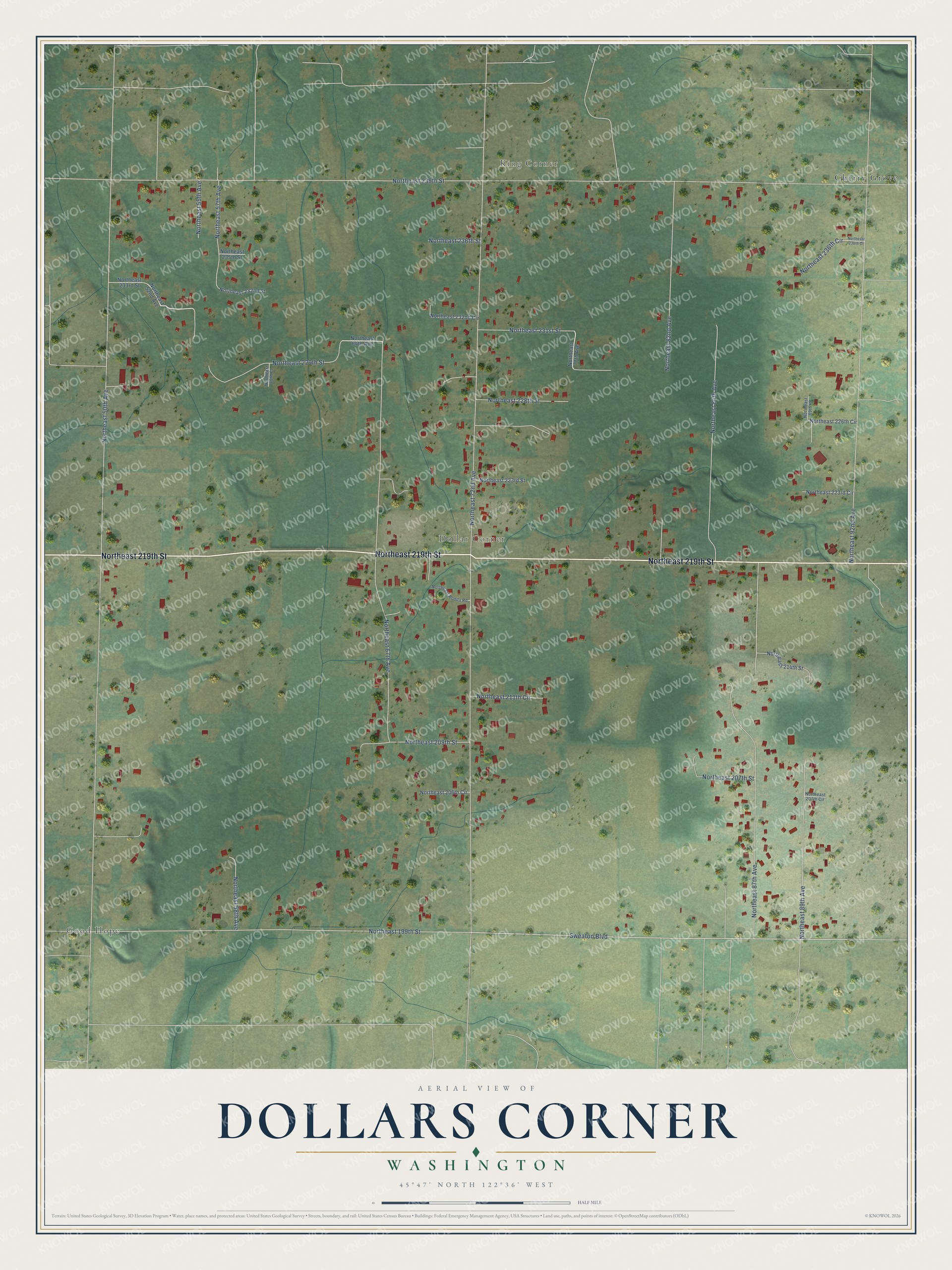 Full map of Dollars Corner, Washington, with red buildings, printed street names and the land around them