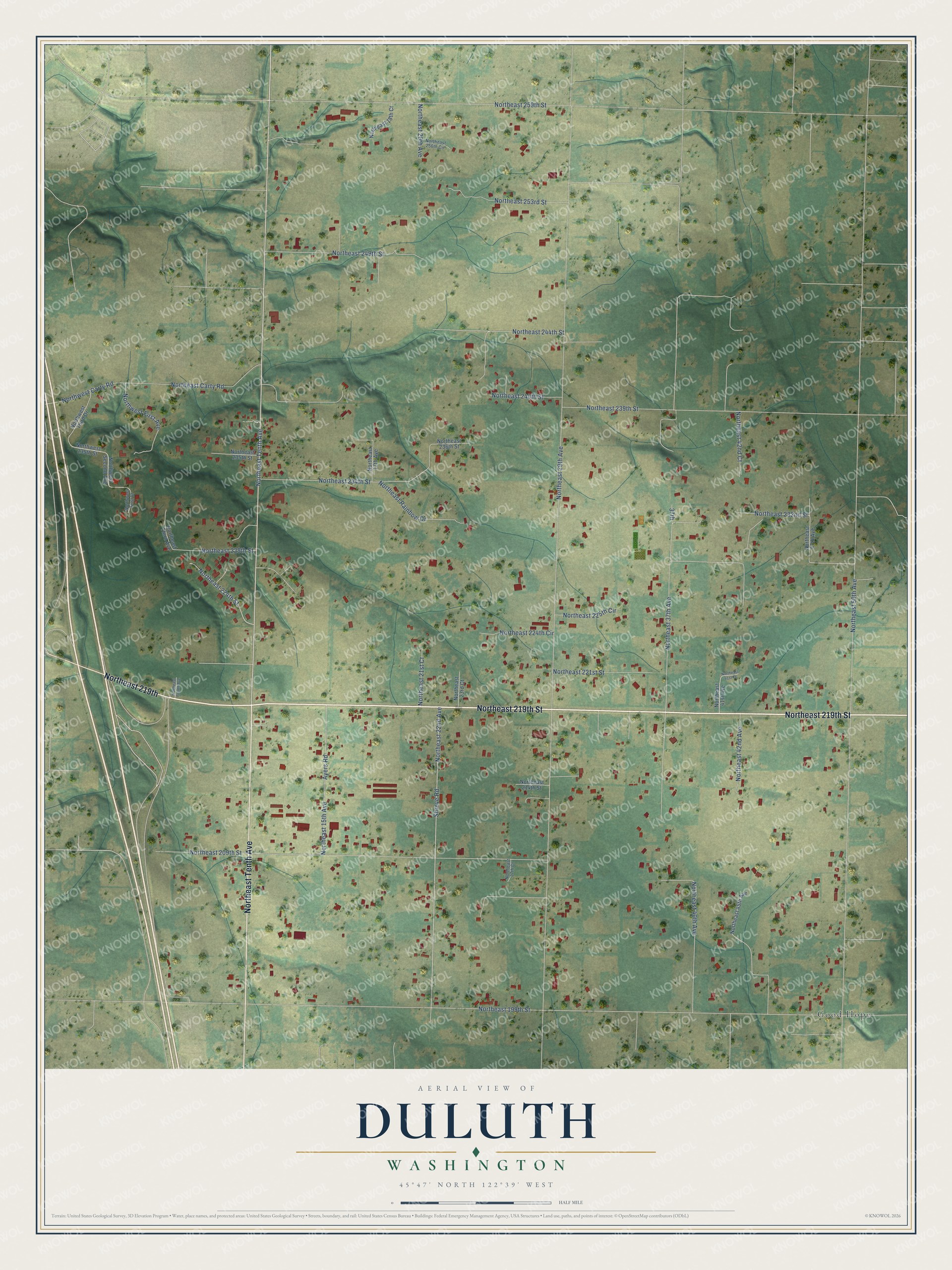 Full map of Duluth, Washington, with red buildings, printed street names and the land around them