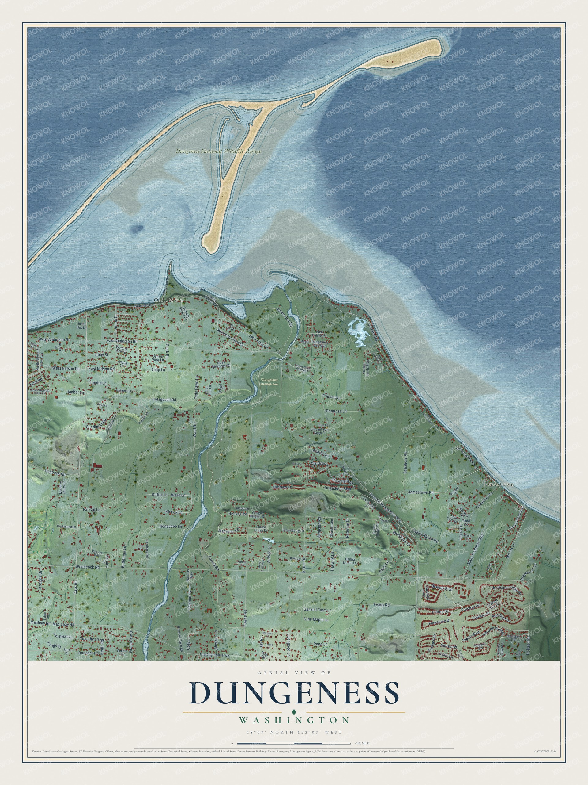 Full map of Dungeness, Washington, with red buildings, printed street names and the land around them