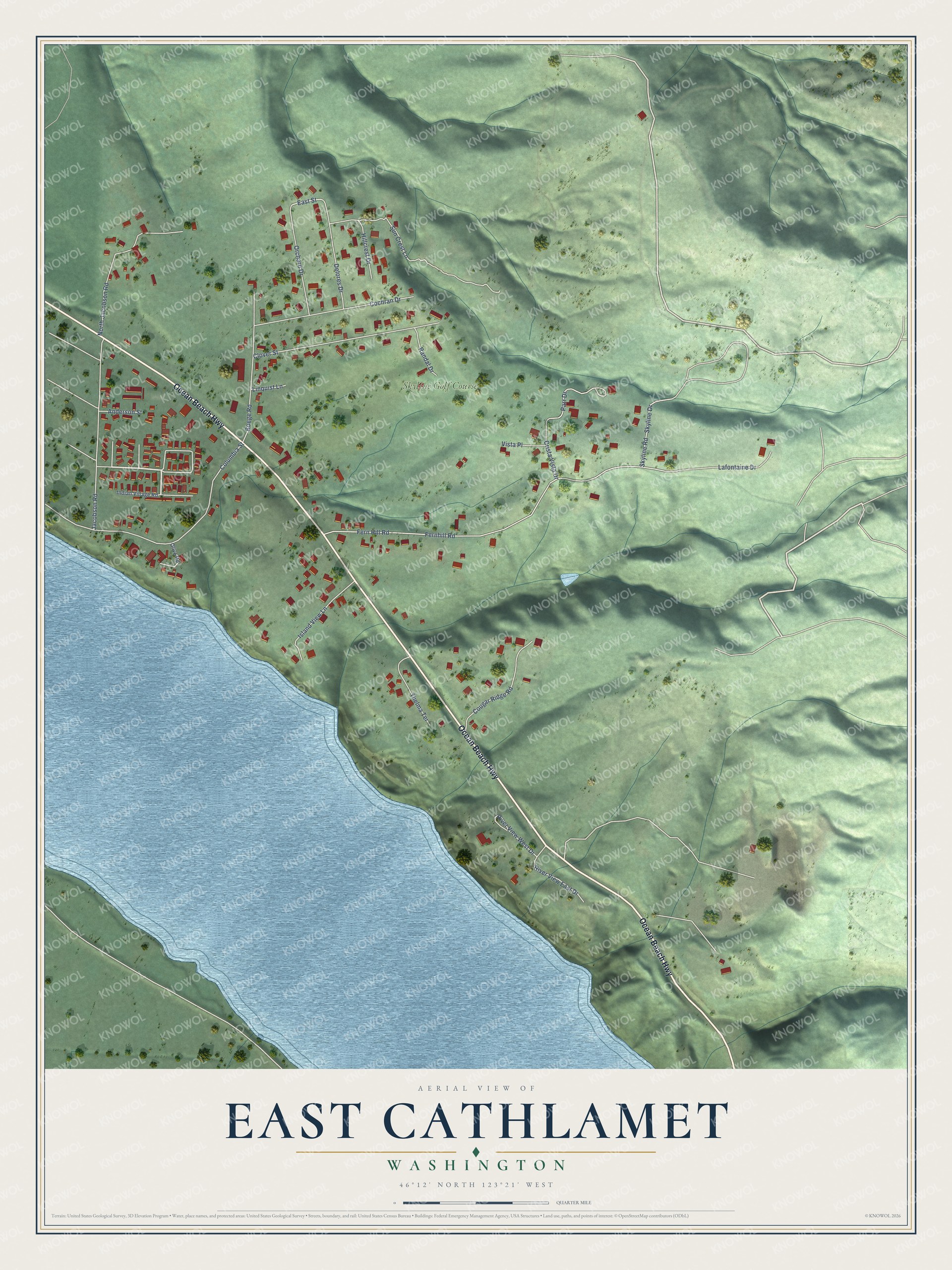 Full map of East Cathlamet, Washington, with red buildings, printed street names and the land around them