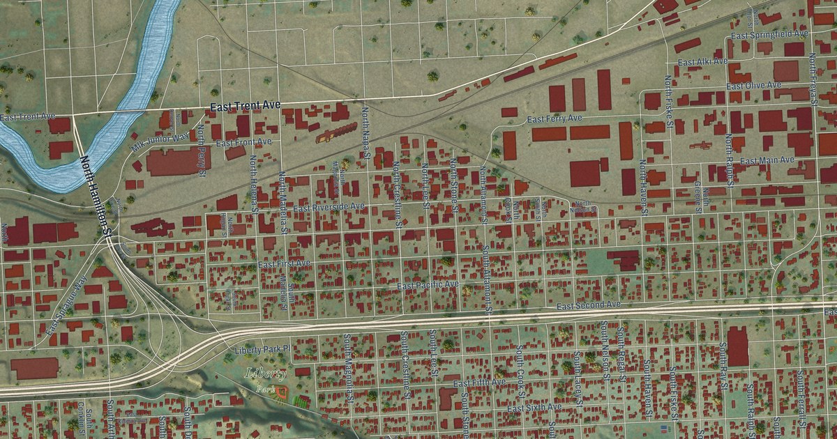 Close-up of streets and buildings in East Central, Washington