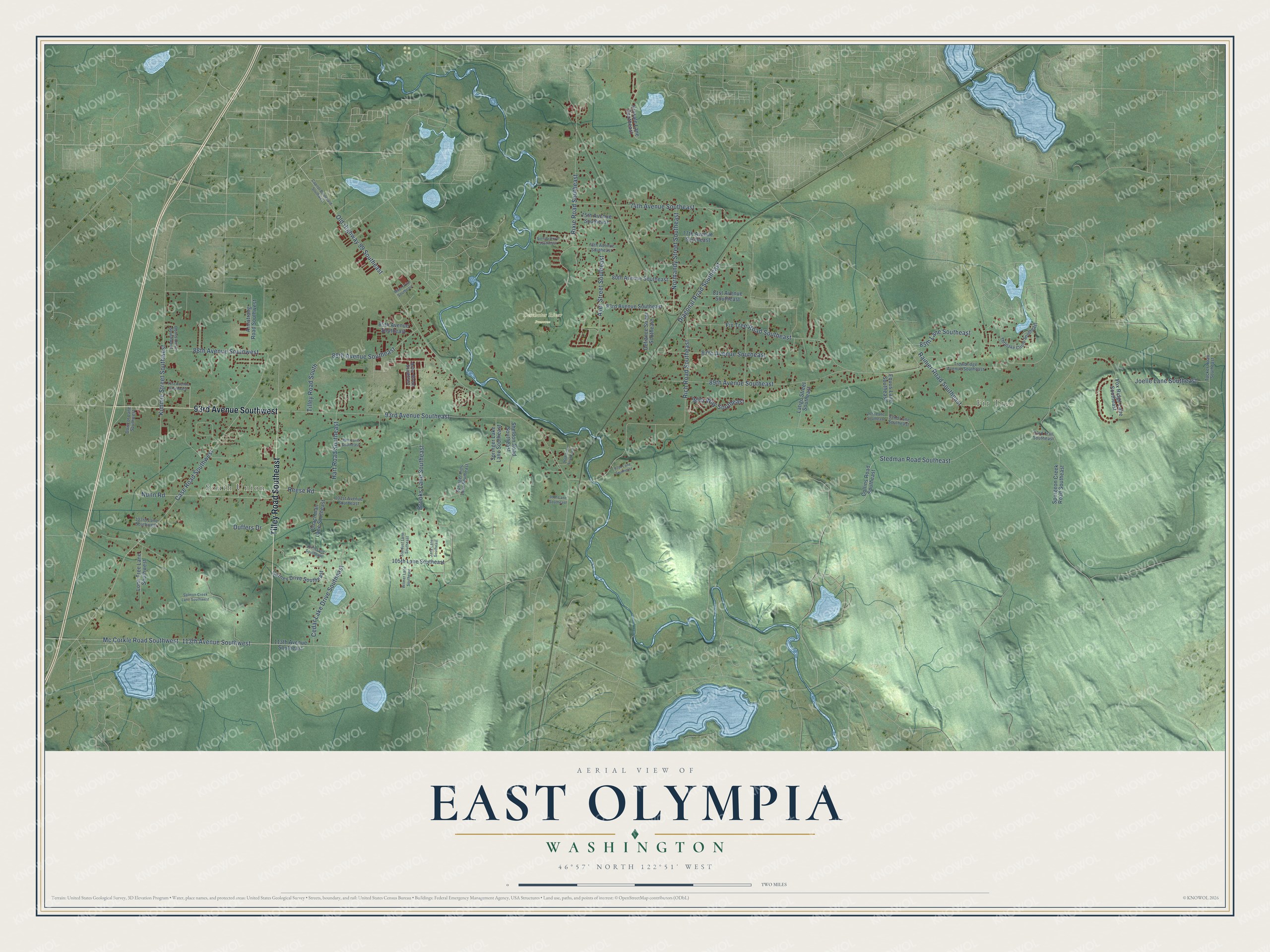 Full map of East Olympia, Washington, with red buildings, printed street names and the land around them