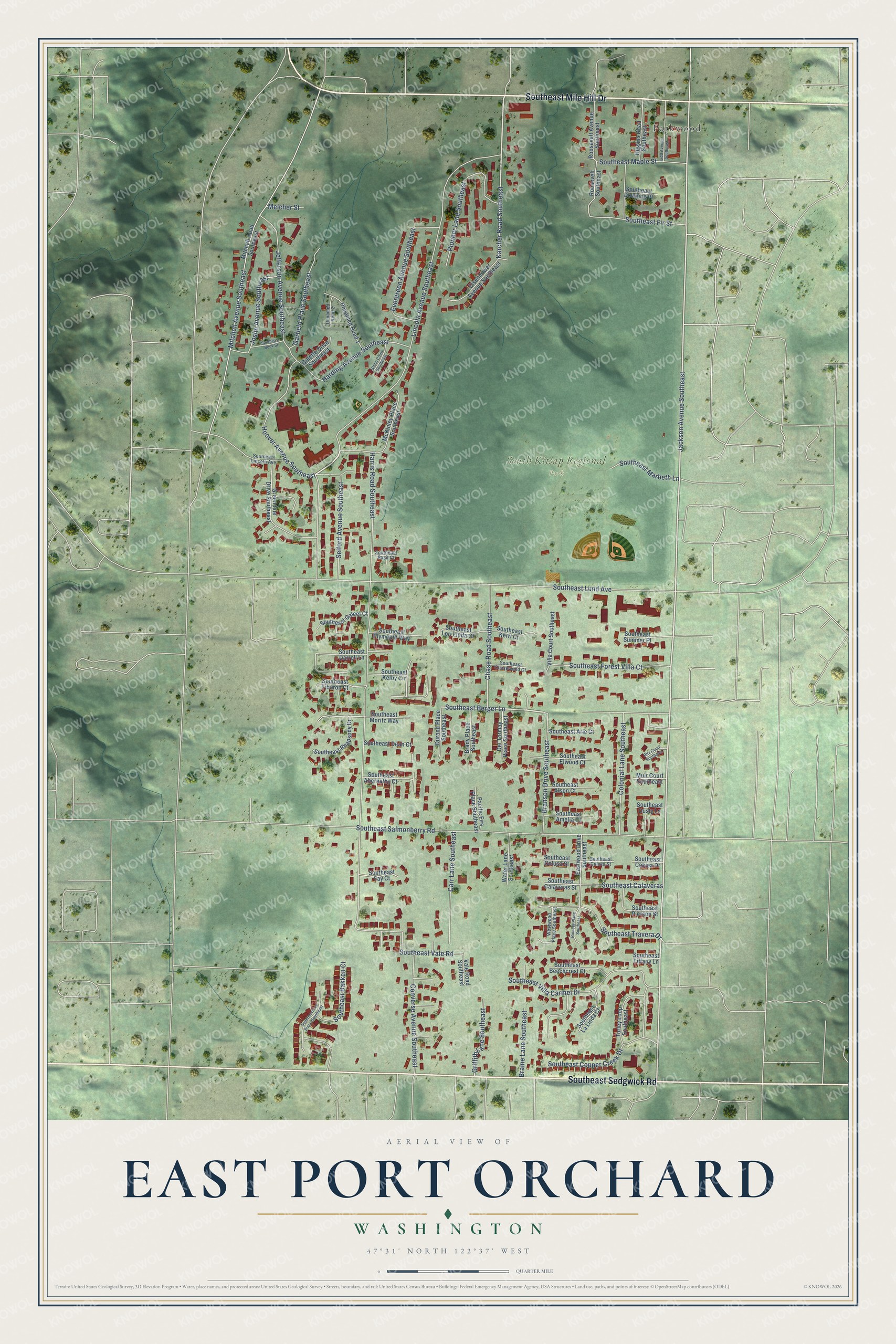 Full map of East Port Orchard, Washington, with red buildings, printed street names and the land around them