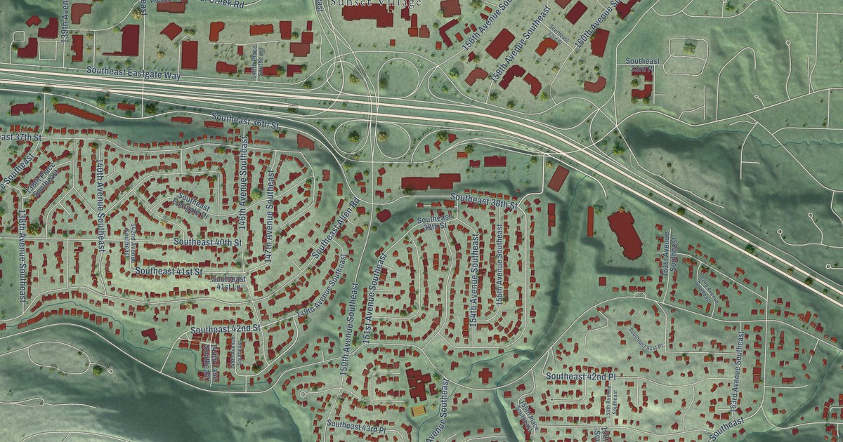 Close-up of streets and buildings in Eastgate, Washington