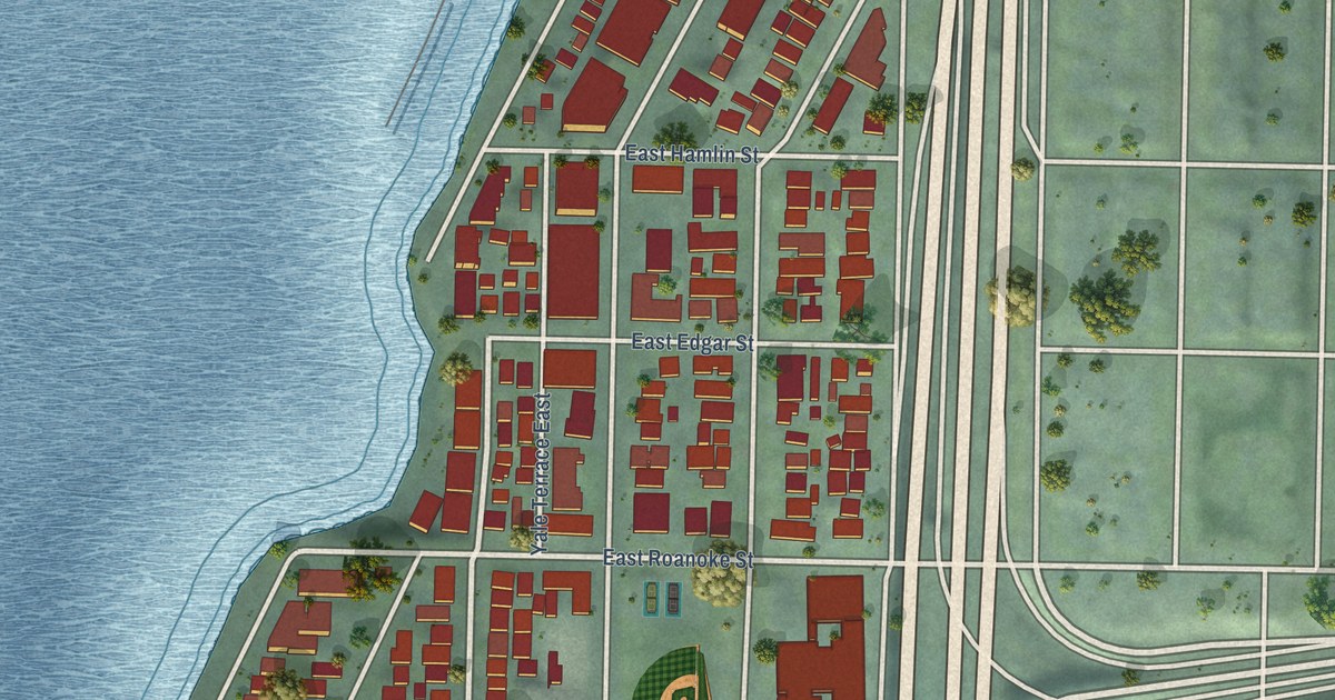 Close-up of streets and buildings in Eastlake, Washington