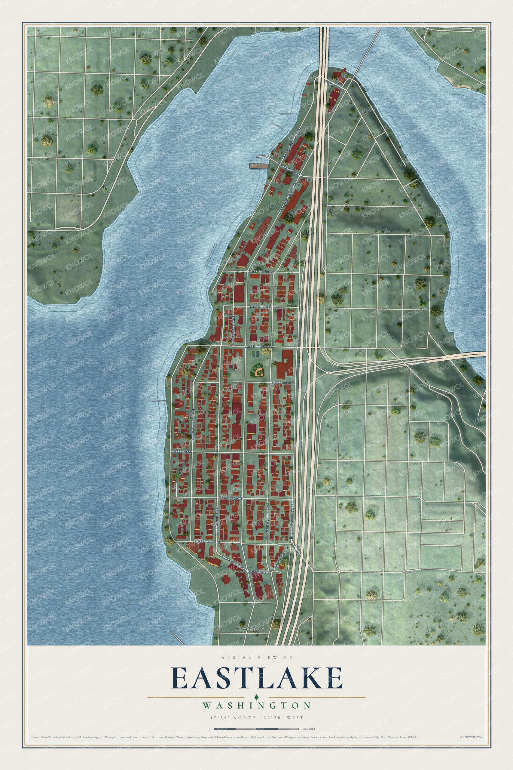 Full map of Eastlake, Washington, with red buildings, printed street names and the land around them