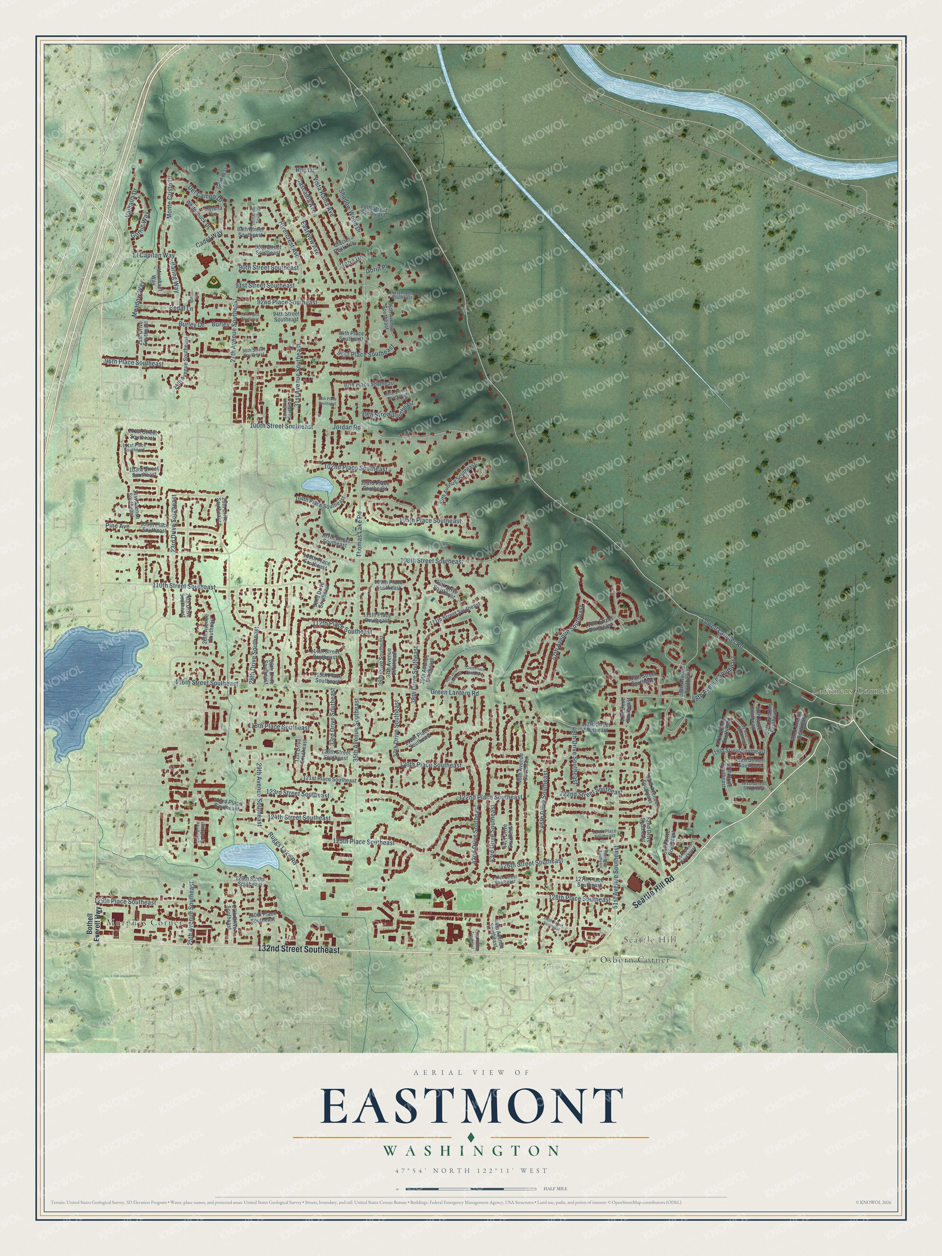 Full map of Eastmont, Washington, with red buildings, printed street names and the land around them