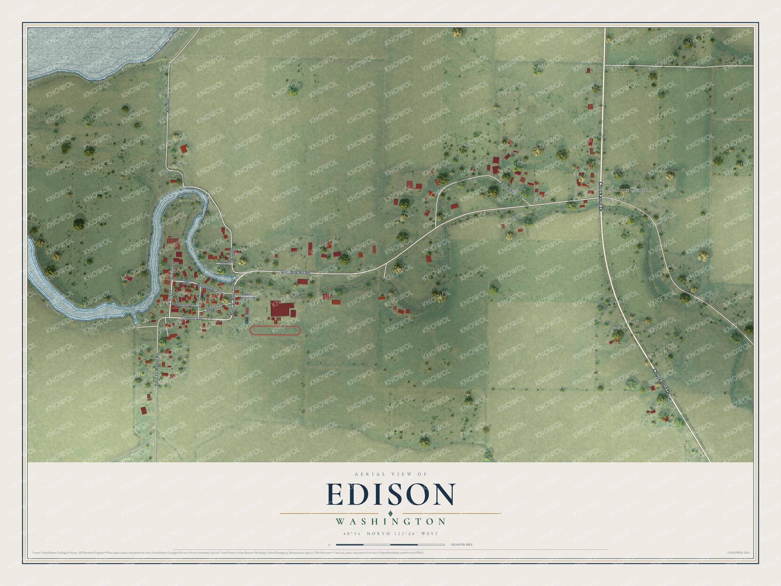 Full map of Edison, Washington, with red buildings, printed street names and the land around them