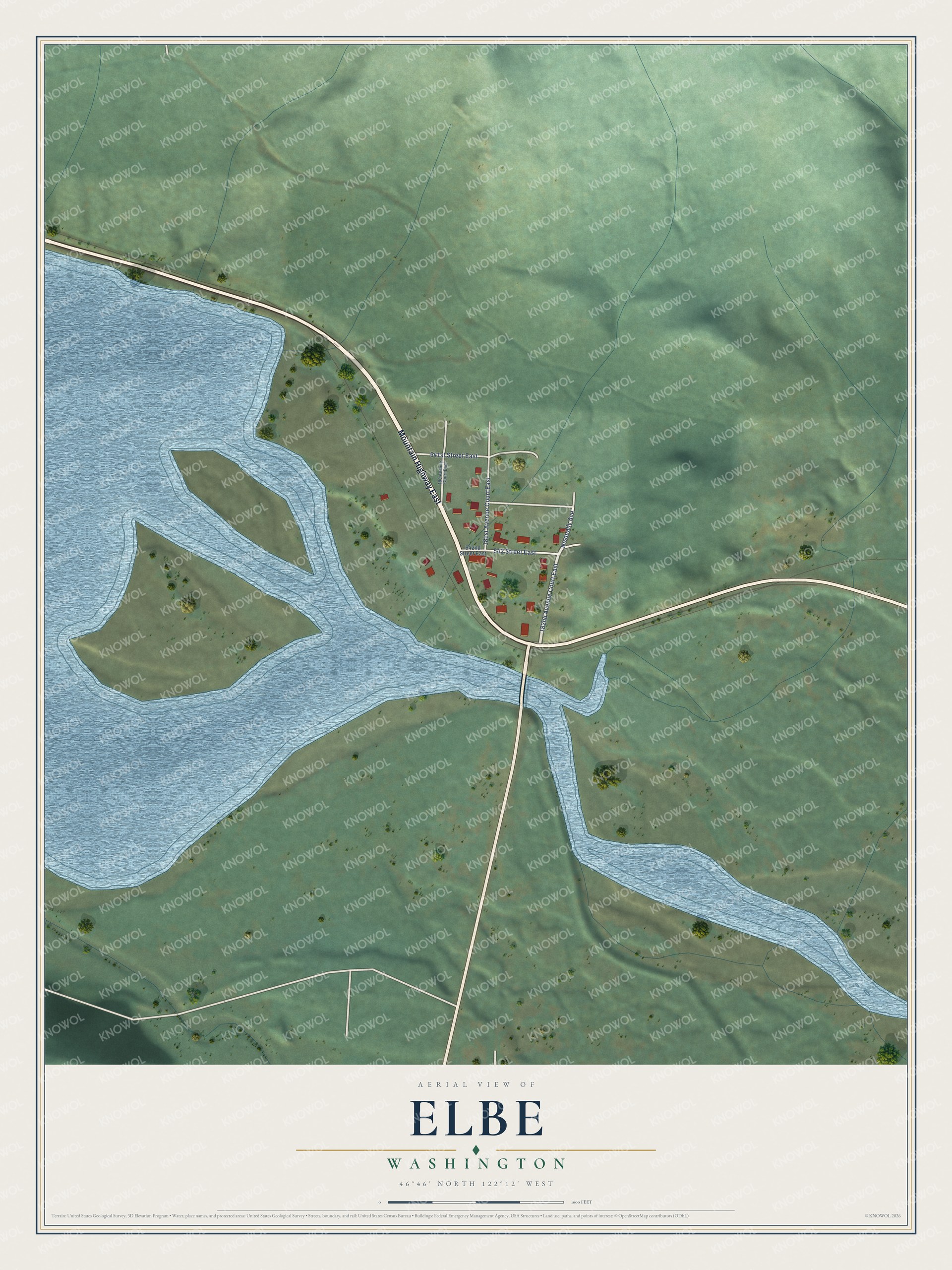 Full map of Elbe, Washington, with red buildings, printed street names and the land around them