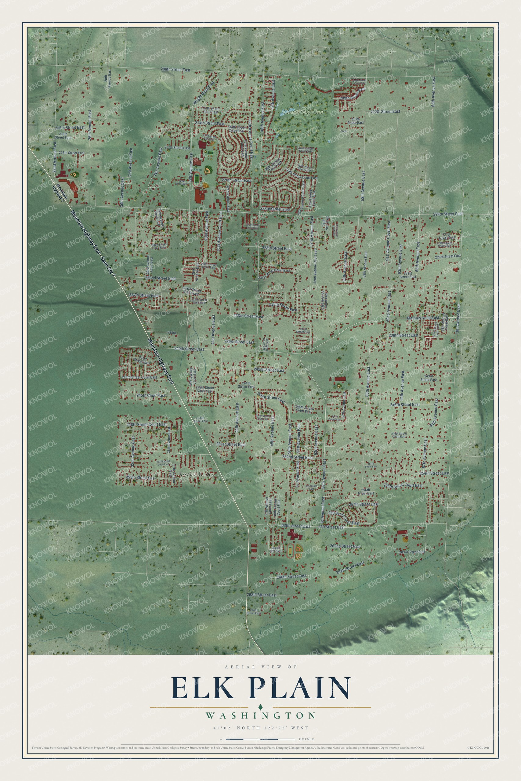 Full map of Elk Plain, Washington, with red buildings, printed street names and the land around them