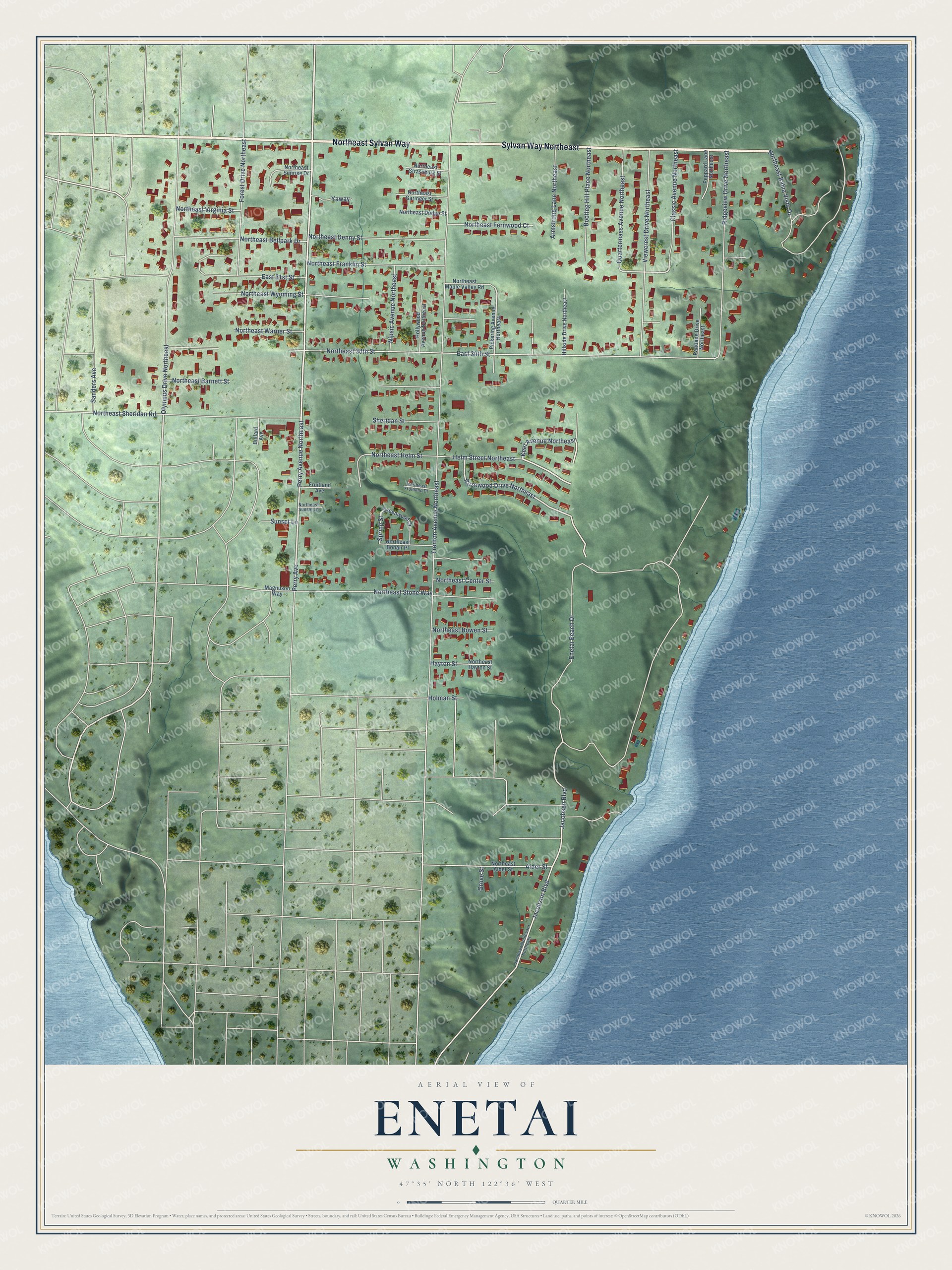 Full map of Enetai, Washington, with red buildings, printed street names and the land around them