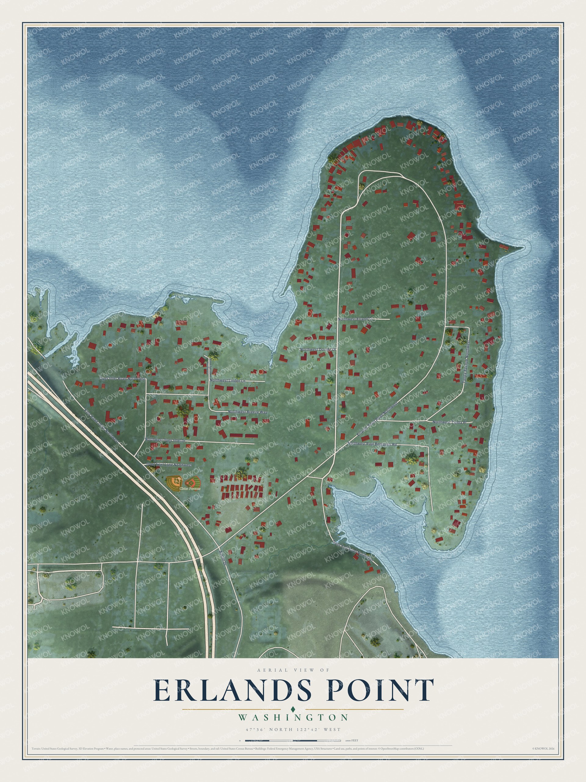 Full map of Erlands Point, Washington, with red buildings, printed street names and the land around them